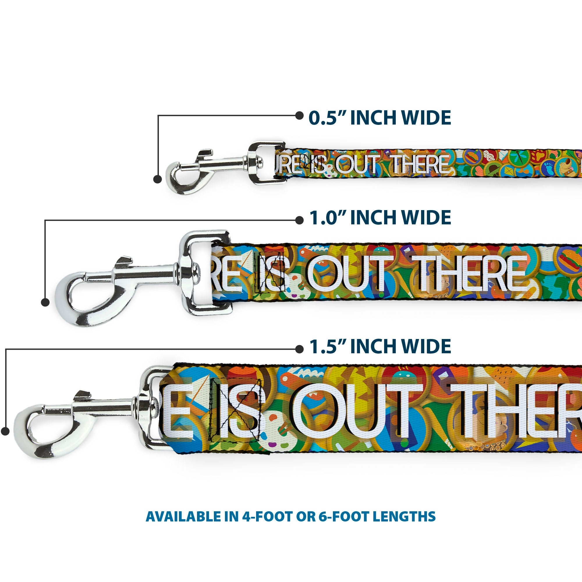 Dog Leash - ADVENTURE IS OUT THERE/Stacked Wilderness Explorer Badges Tan/Multi Color/White - HT Animal Supply
