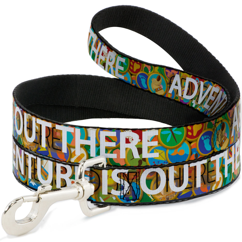 Dog Leash - ADVENTURE IS OUT THERE/Stacked Wilderness Explorer Badges Tan/Multi Color/White - HT Animal Supply