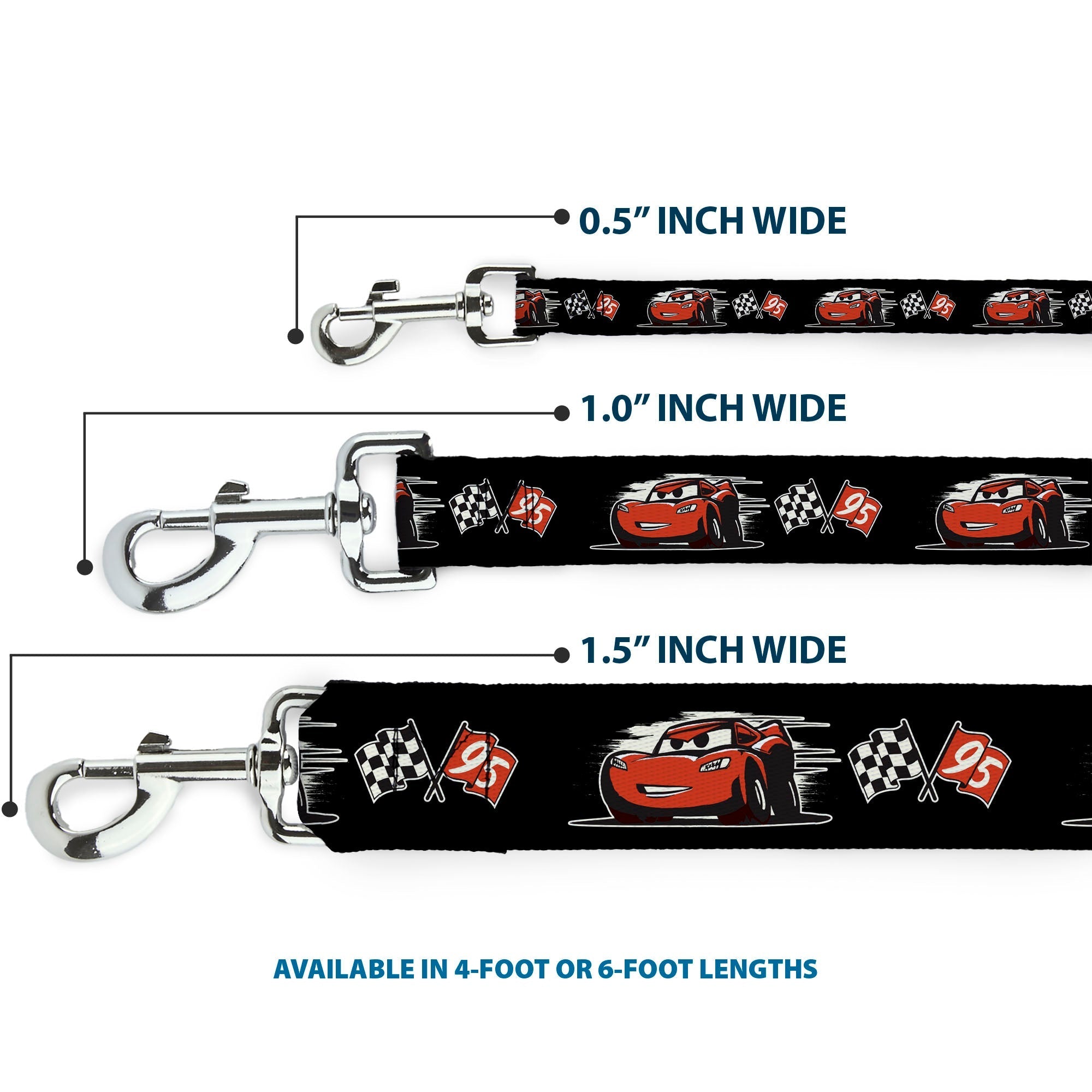 Dog Leash - Cars 3 Lightning McQueen Caricature/Race Flags Black/White/Red 
