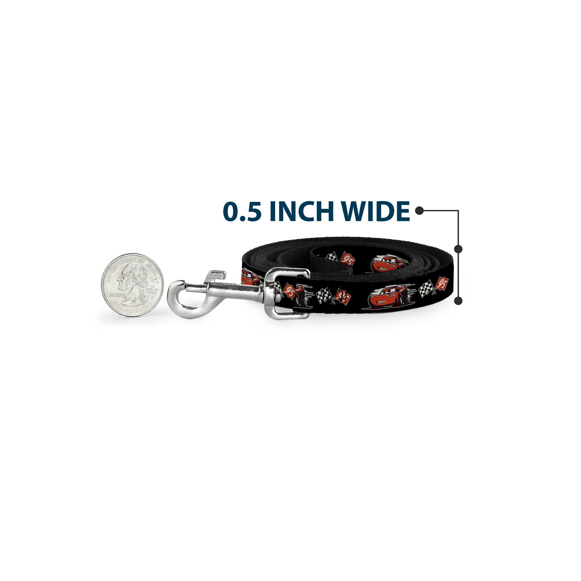 Dog Leash - Cars 3 Lightning McQueen Caricature/Race Flags Black/White/Red 