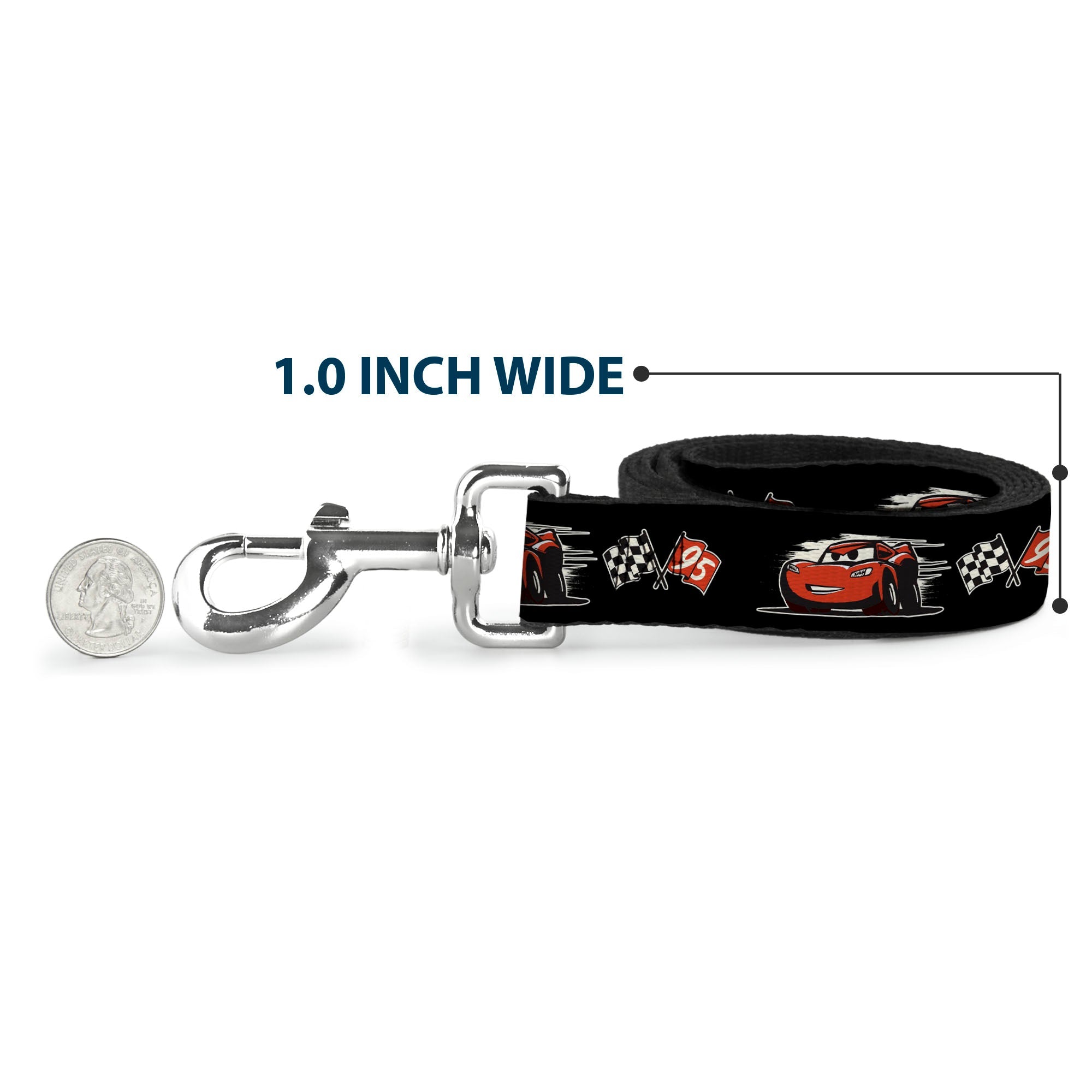 Dog Leash - Cars 3 Lightning McQueen Caricature/Race Flags Black/White/Red 