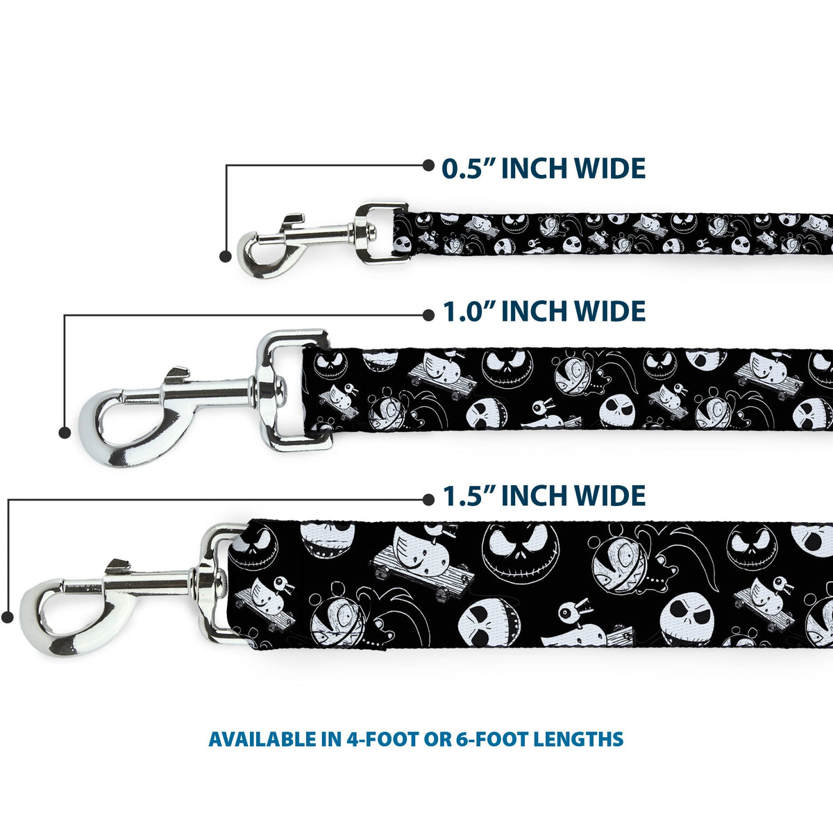 Dog Leash - Nightmare Before Christmas Jack Expressions/Scary Teddy/Killer Duck Collage Black/White 
