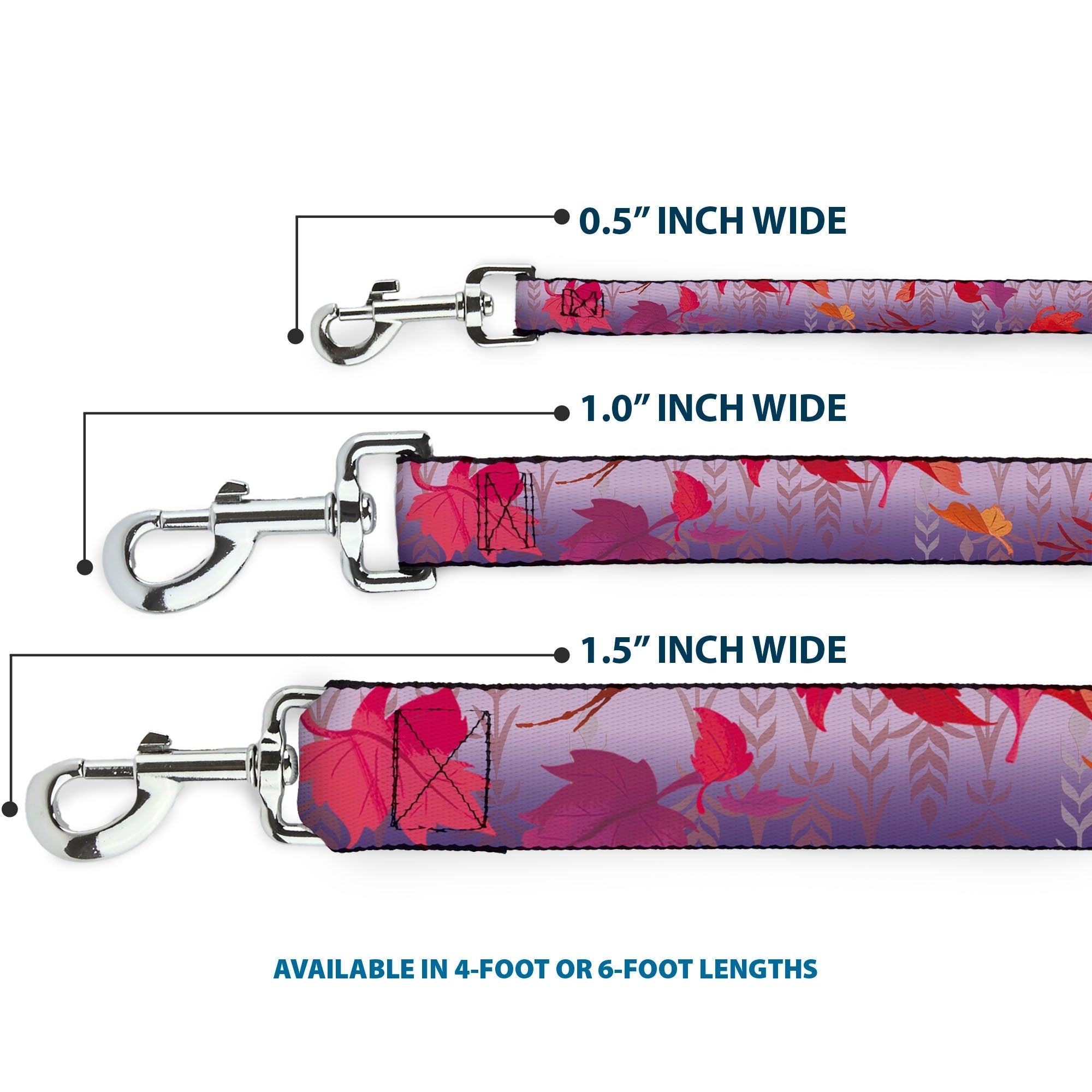 Dog Leash - Frozen II Swirling Leaves/Floral Trim Purples/Reds 