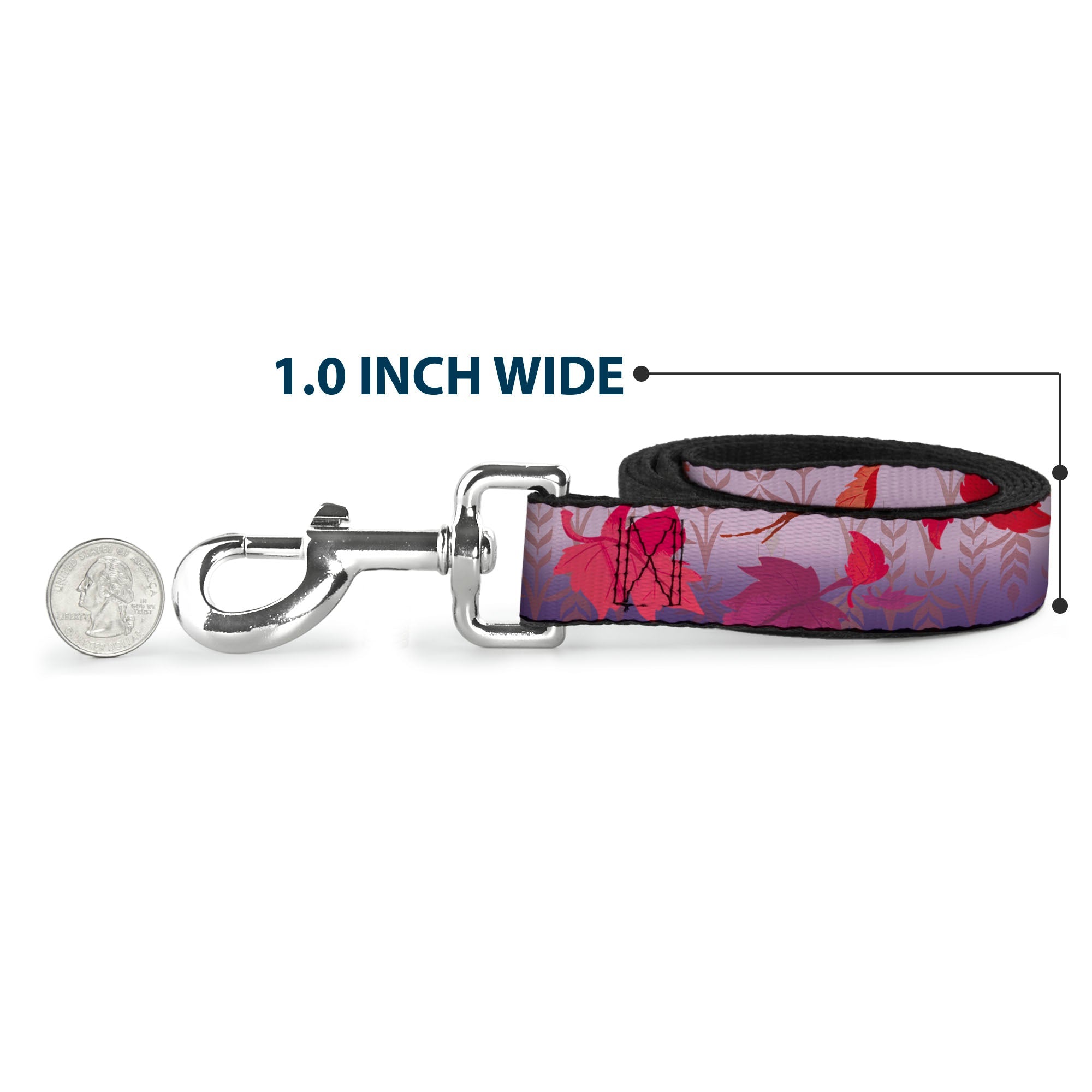 Dog Leash - Frozen II Swirling Leaves/Floral Trim Purples/Reds 