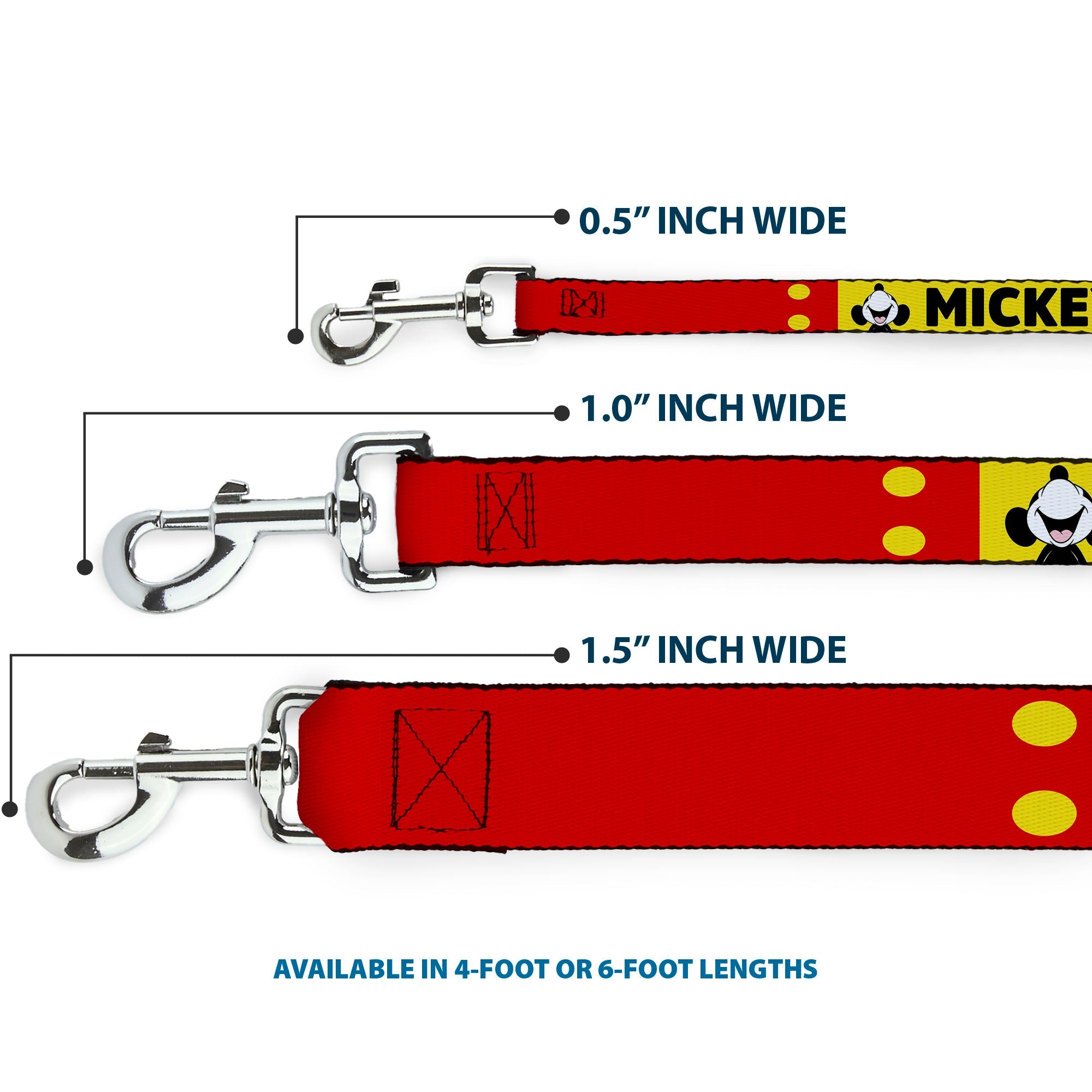 Dog Leash - MICKEY Smiling Up Pose Flip/Buttons Yellow/Black/Red