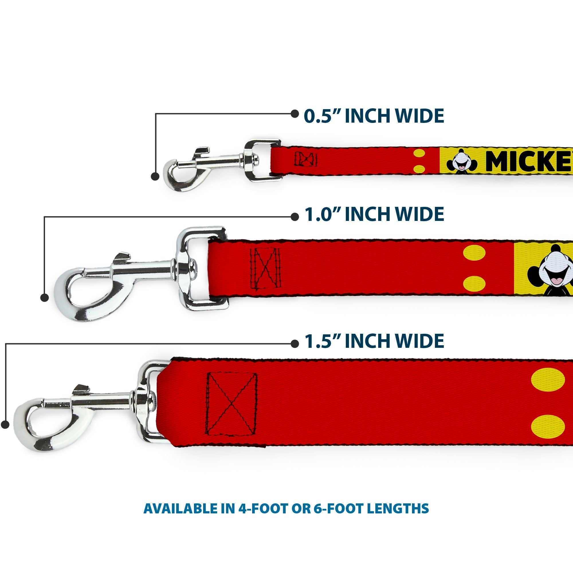 Dog Leash - MICKEY Smiling Up Pose Flip/Buttons Yellow/Black/Red
