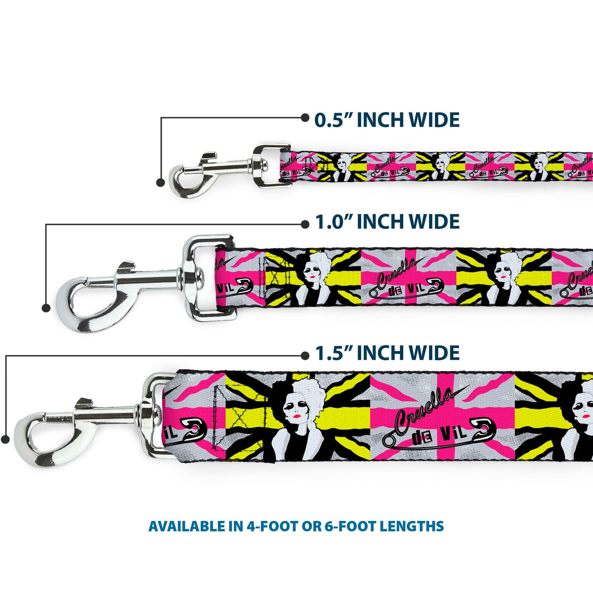 Dog Leash - CRUELLA DE VIL Safety Pin/Cruell World Pose Union Jack Punk Rock Blocks 