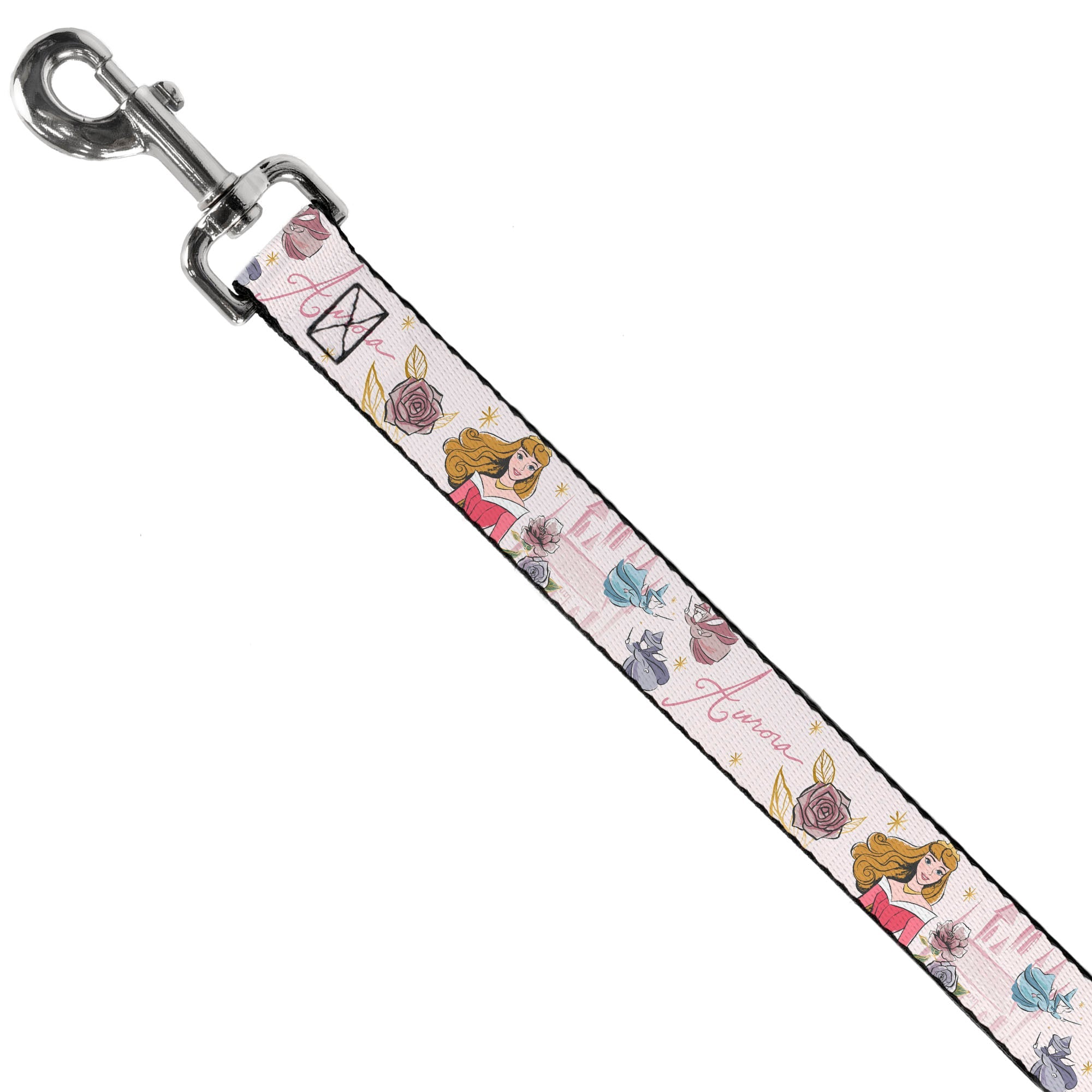 Dog Leash - Sleeping Beauty Aurora Castle and Fairy Godmothers Pose with Script and Flowers White/Pinks - HT Animal Supply