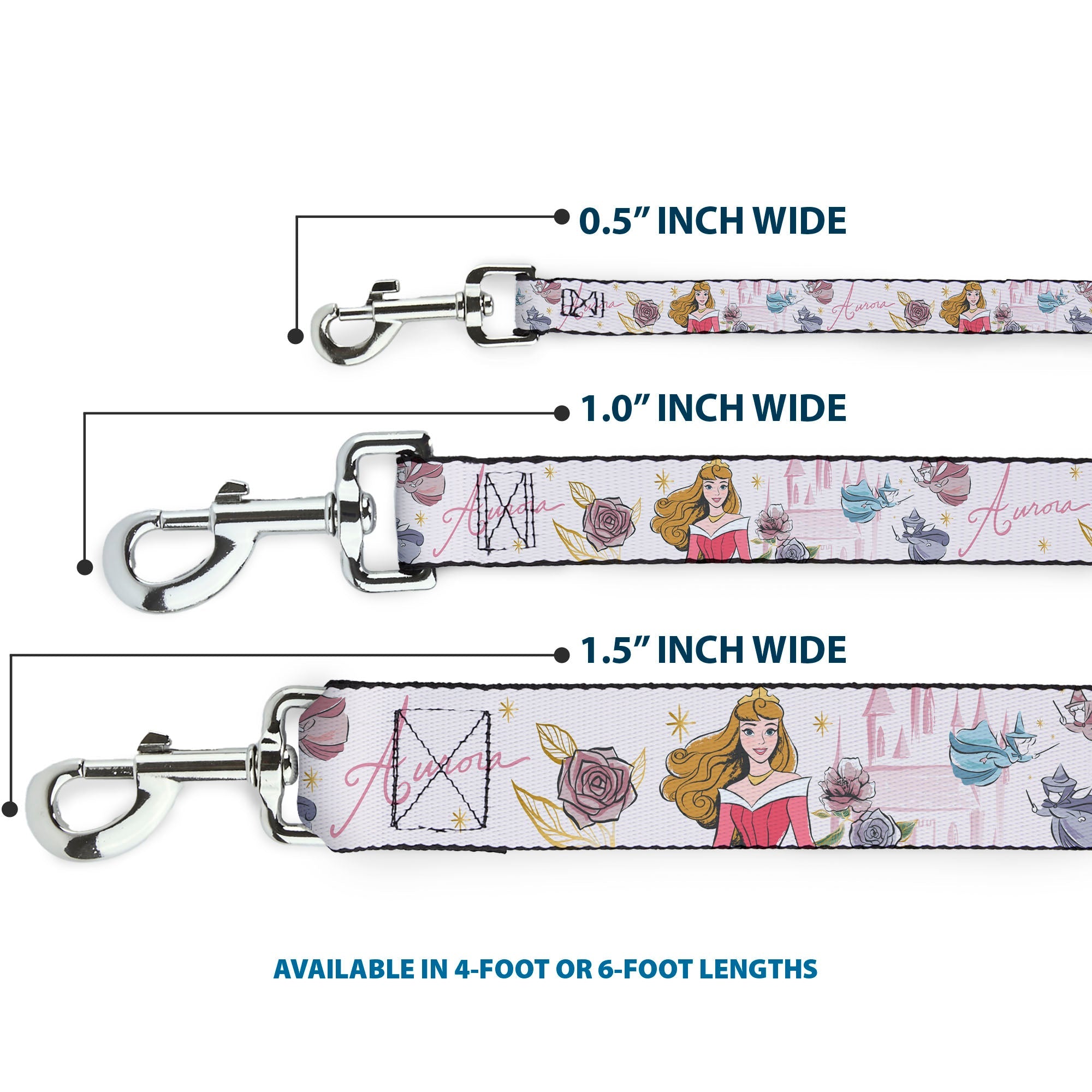 Dog Leash - Sleeping Beauty Aurora Castle and Fairy Godmothers Pose with Script and Flowers White/Pinks - HT Animal Supply