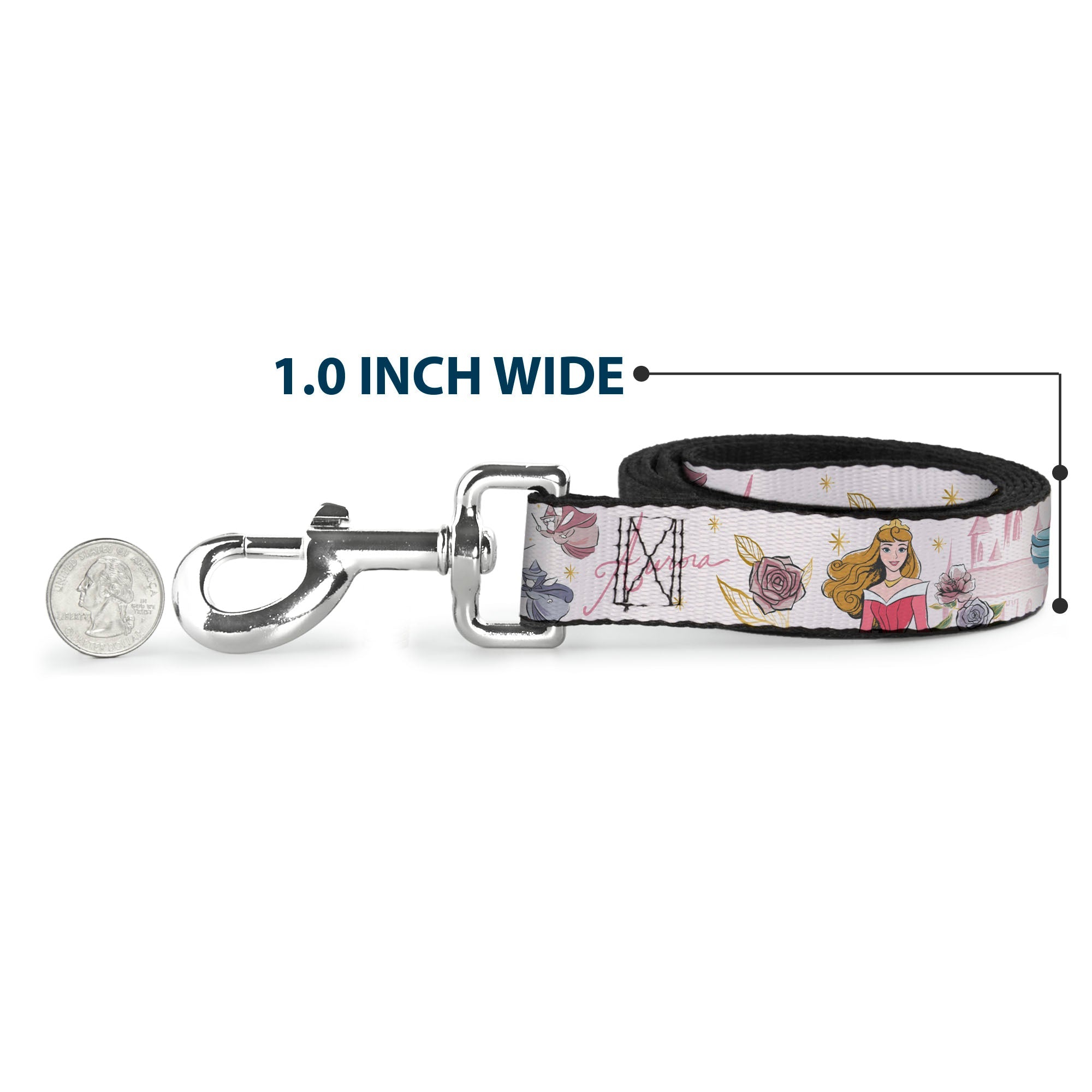 Dog Leash - Sleeping Beauty Aurora Castle and Fairy Godmothers Pose with Script and Flowers White/Pinks - HT Animal Supply