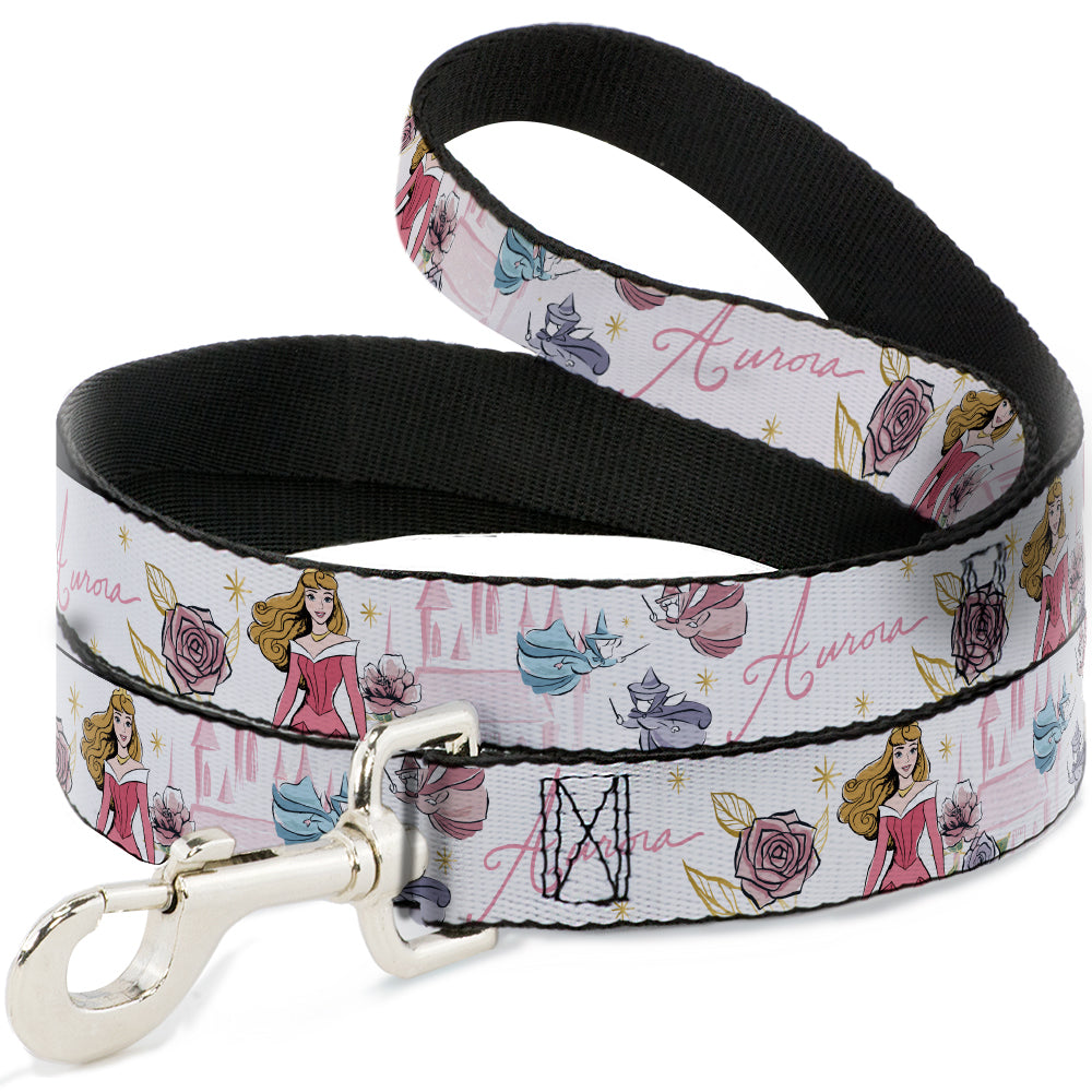 Dog Leash - Sleeping Beauty Aurora Castle and Fairy Godmothers Pose with Script and Flowers White/Pinks - HT Animal Supply