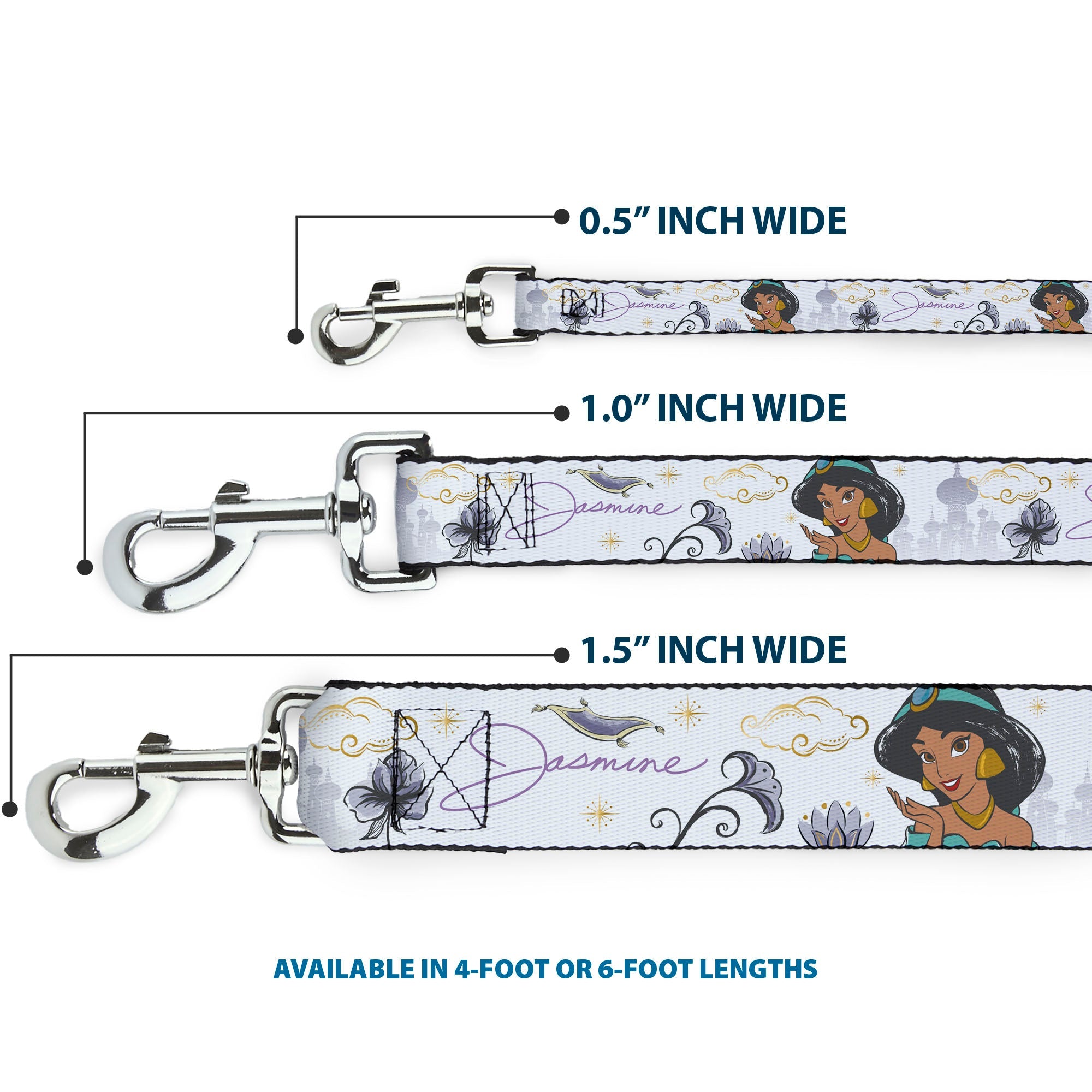 Dog Leash - Aladdin Jasmine Palace Pose with Script and Flowers White/Purples - HT Animal Supply