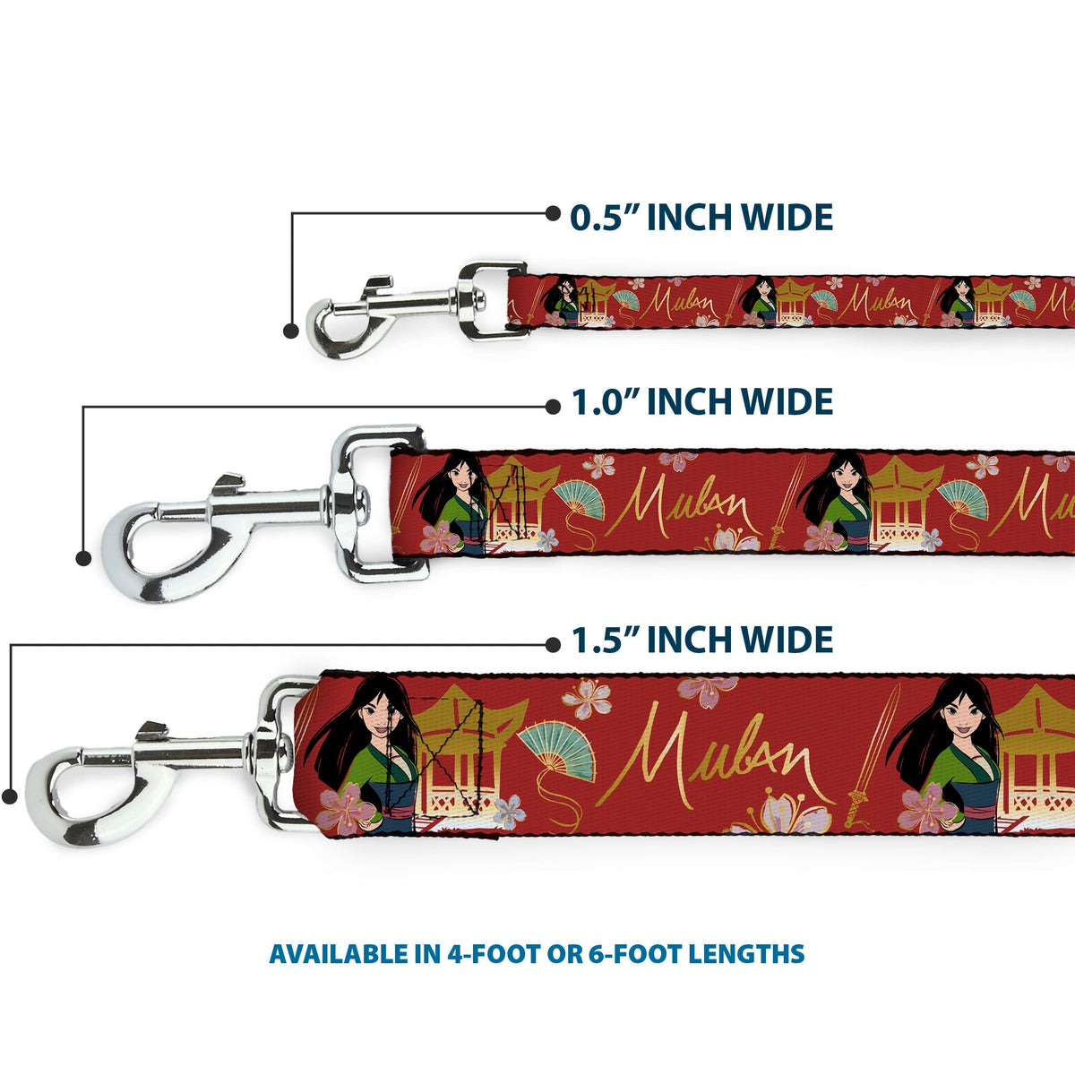 Dog Leash - Mulan Gazebo Pose with Flowers and Script Red/Golds 