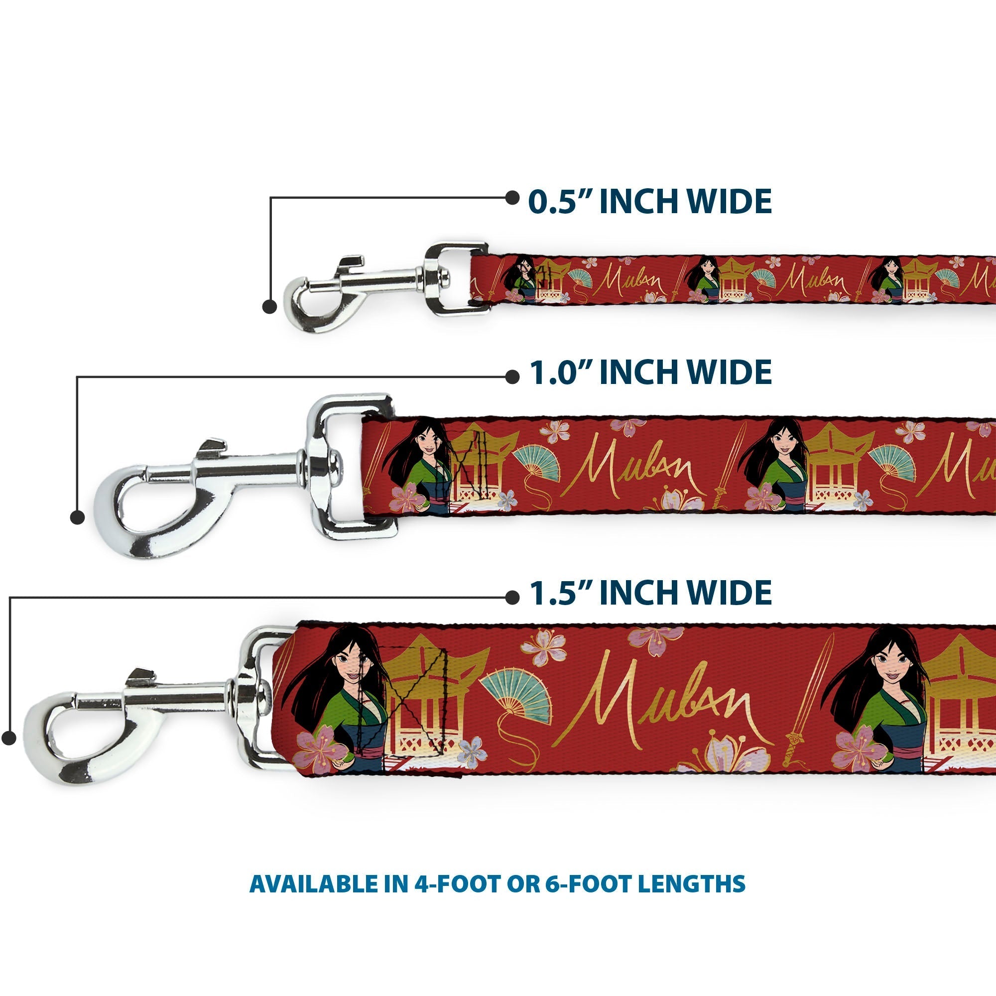Dog Leash - Mulan Gazebo Pose with Flowers and Script Red/Golds 
