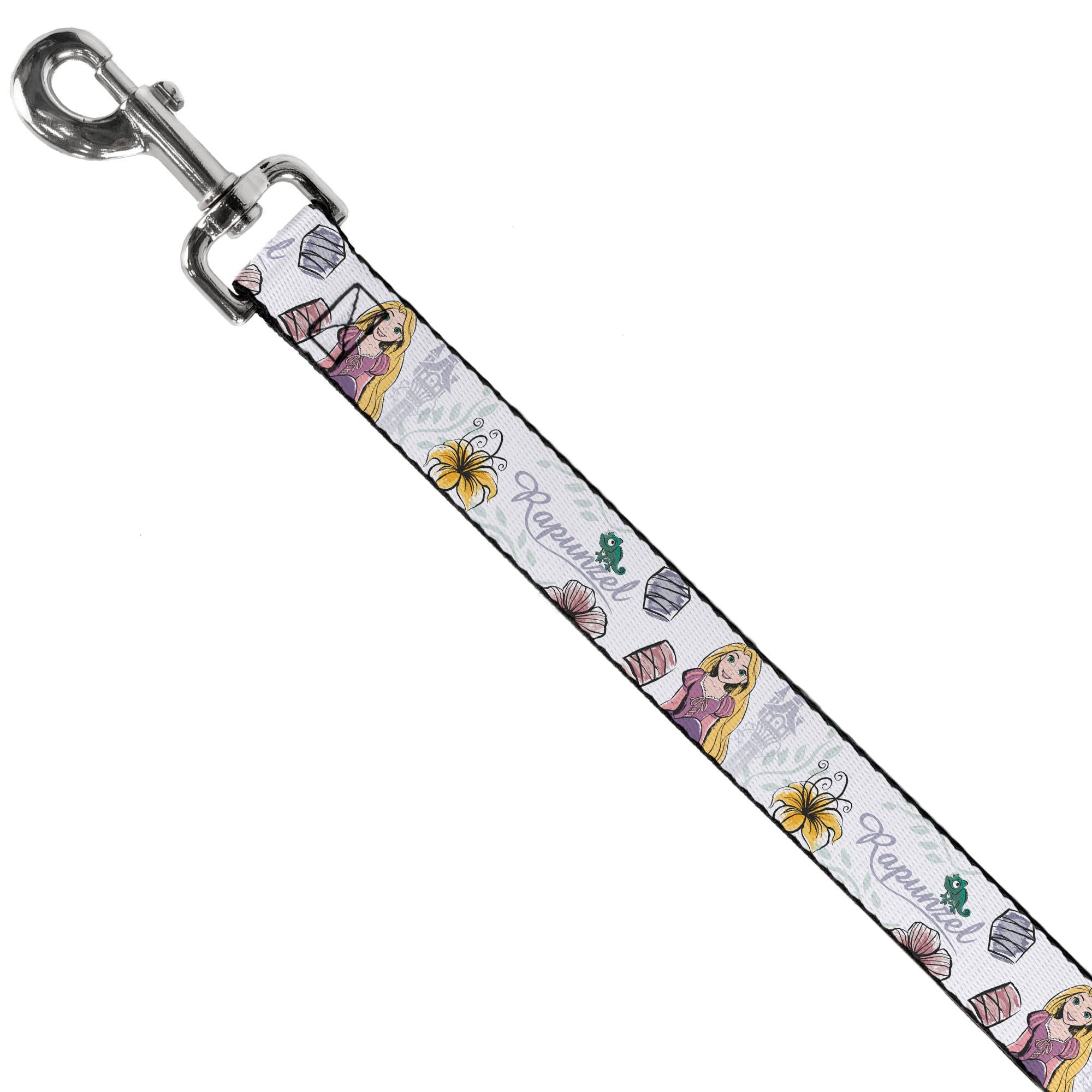 Dog Leash - Rapunzel Castle and Pascual Pose with Script and Flowers White/Purples