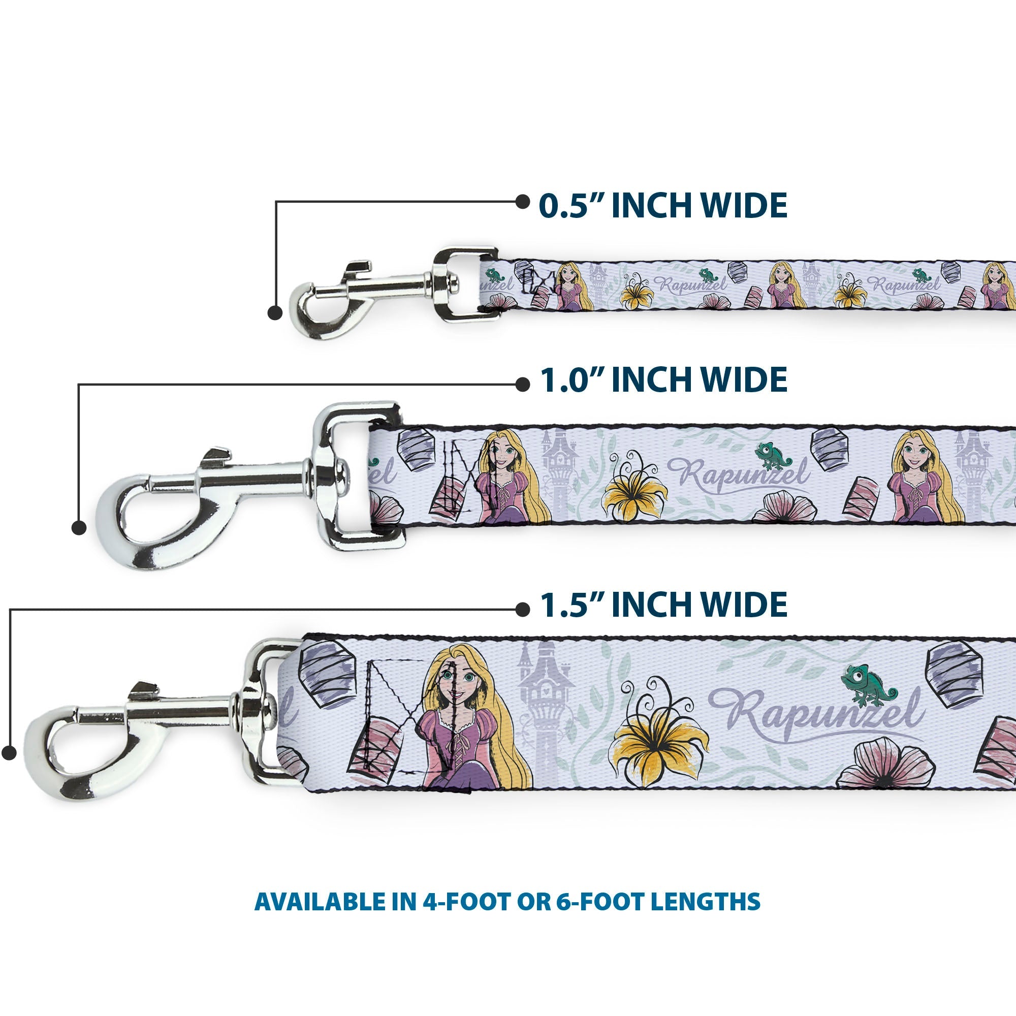 Dog Leash - Rapunzel Castle and Pascual Pose with Script and Flowers White/Purples - HT Animal Supply