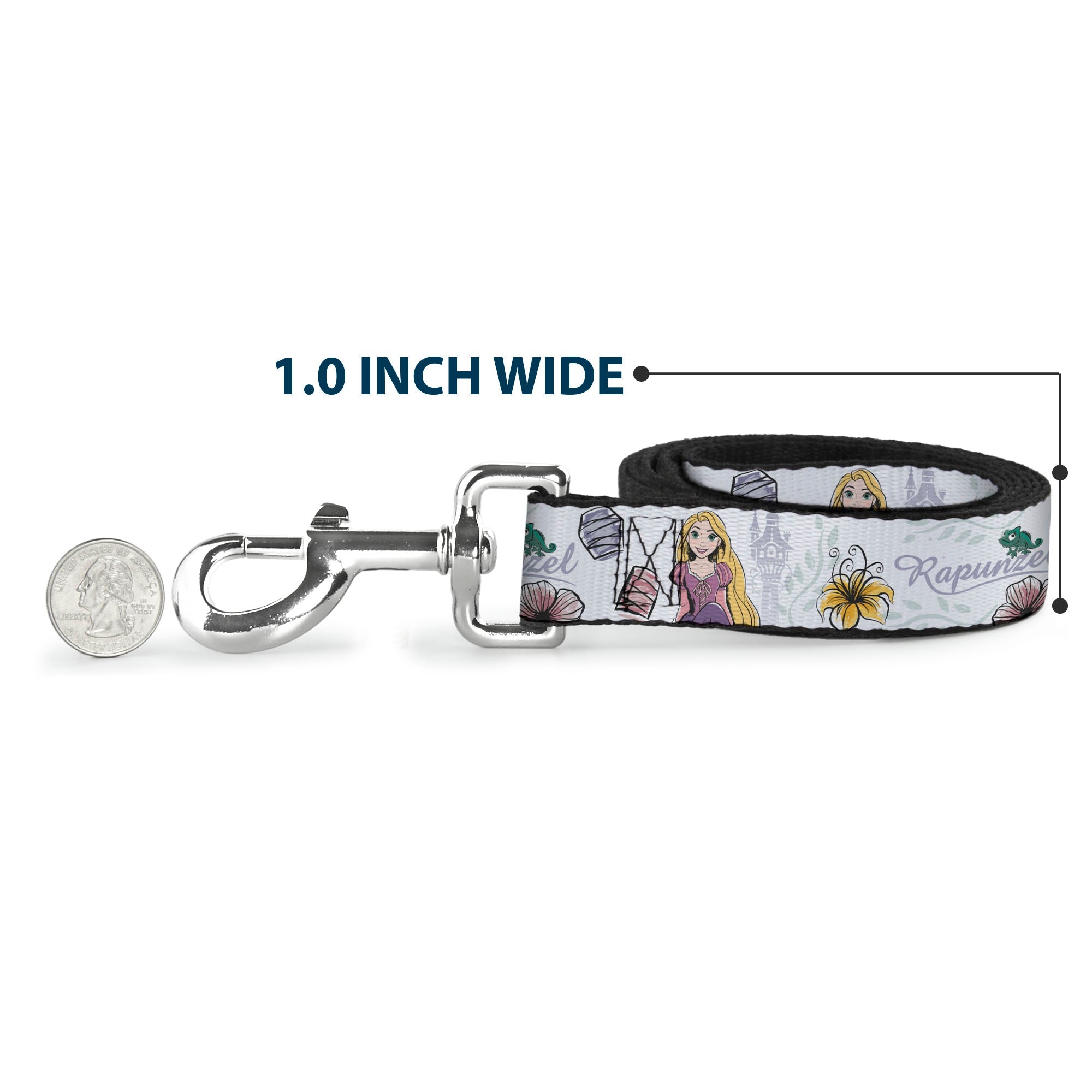 Dog Leash - Rapunzel Castle and Pascual Pose with Script and Flowers White/Purples - HT Animal Supply