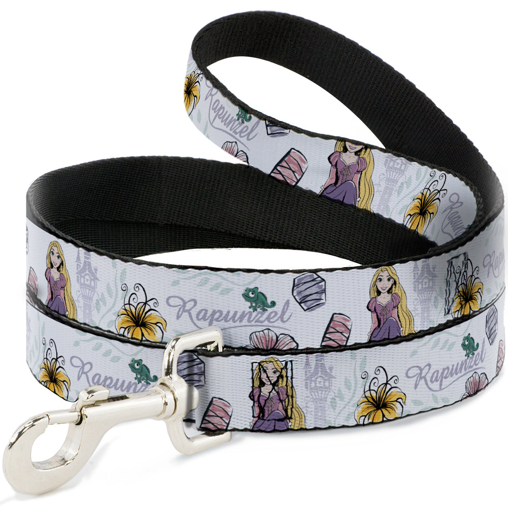 Dog Leash - Rapunzel Castle and Pascual Pose with Script and Flowers White/Purples - HT Animal Supply