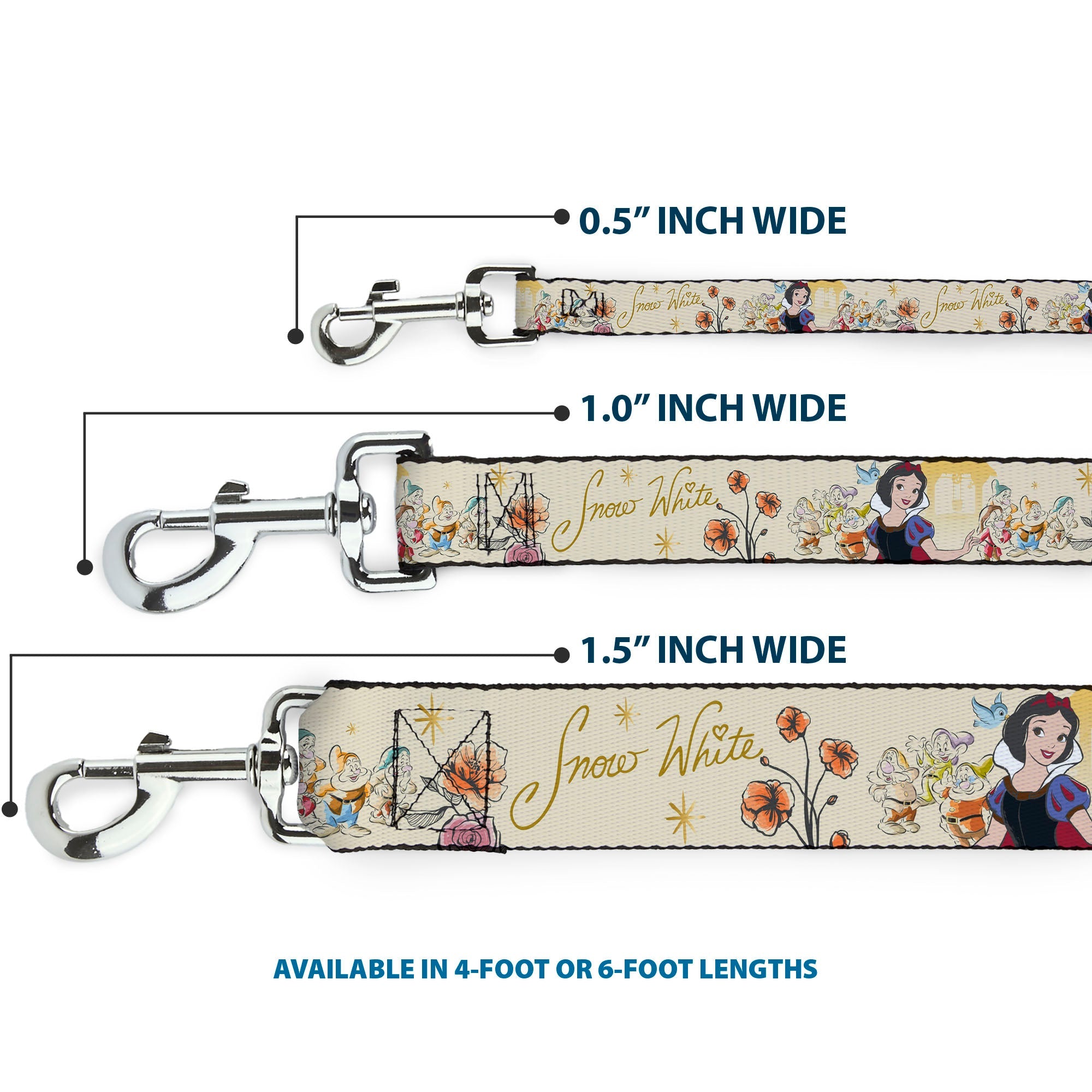 Dog Leash - Snow White and the Seven Dwarfs with Script and Flowers Yellows - HT Animal Supply
