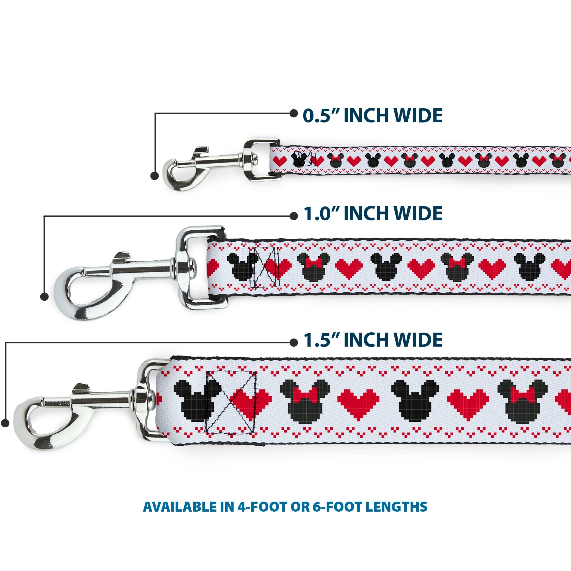 Dog Leash - Disney Holiday Mickey and Minnie Mouse Heart Sweater Stitch White/Red/Black - HT Animal Supply