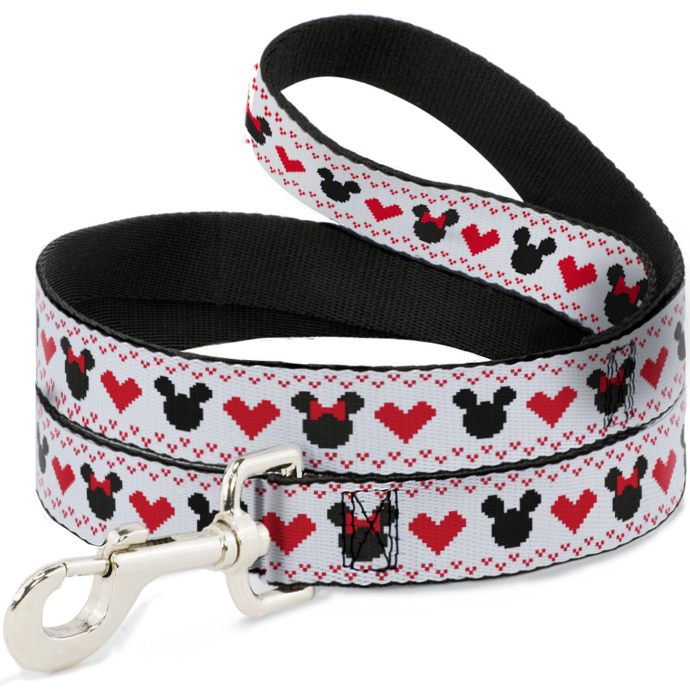 Dog Leash - Disney Holiday Mickey and Minnie Mouse Heart Sweater Stitch White/Red/Black - HT Animal Supply