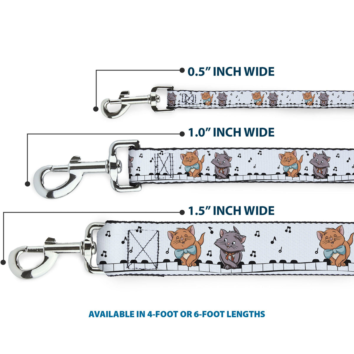 Dog Leash - Aristocats Toulouse and Berlioz Piano Pose and Musical Notes White/Black 
