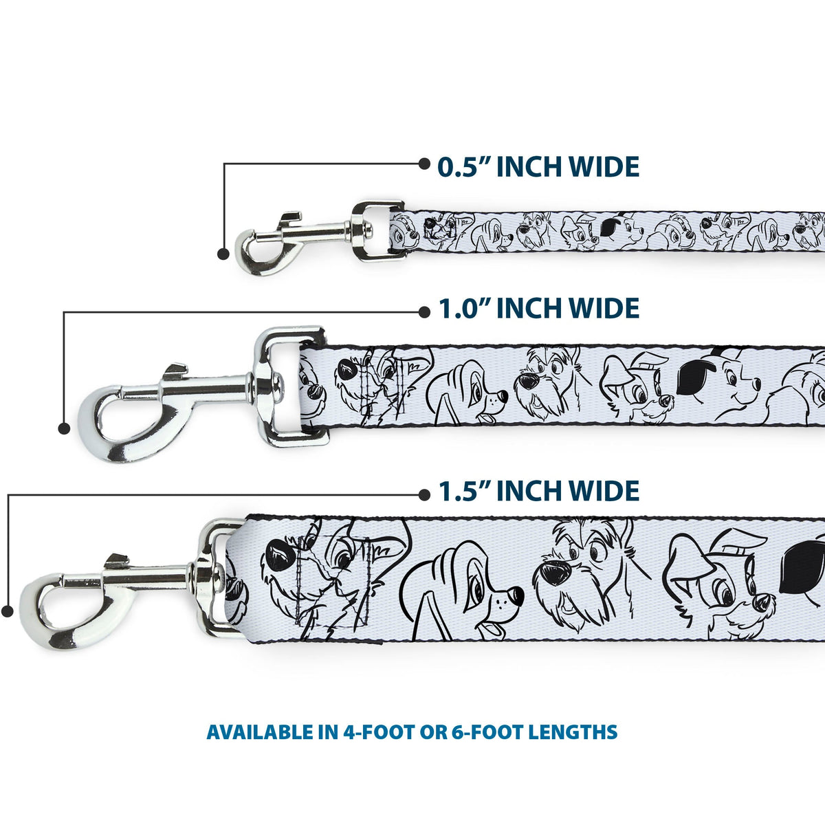 Dog Leash - Disney Dogs Face Outlines White/Black 
