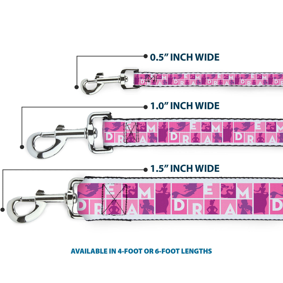 Dog Leash - Disney DREAM Princess Silhouette Poses Pinks/White 
