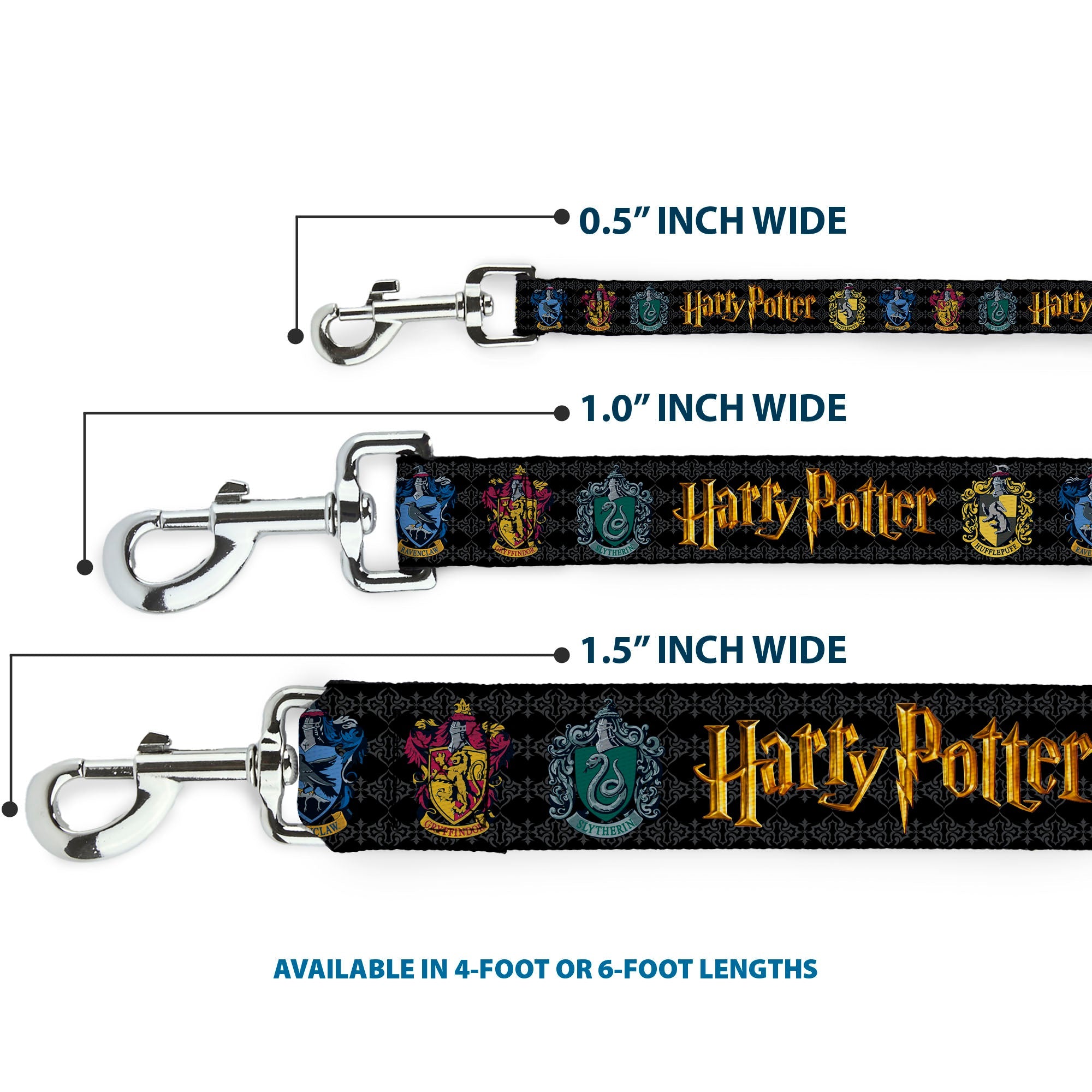 Dog Leash - HARRY POTTER Hufflepuff/Ravenclaw/Gryffindor/Slytherin Coat of Arms Black - HT Animal Supply