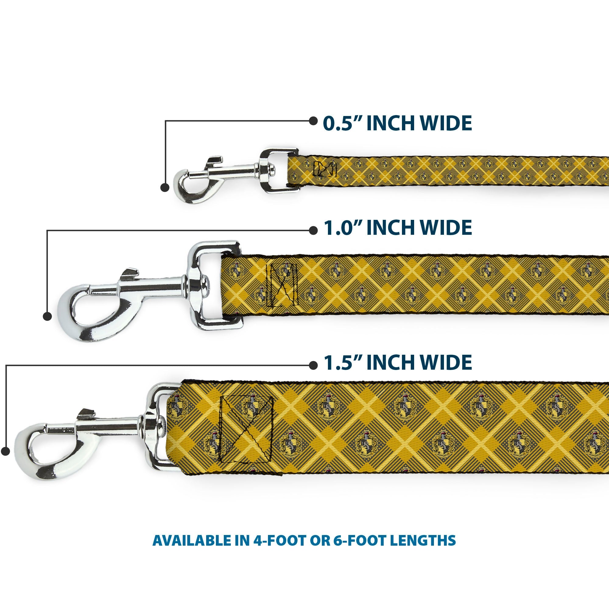 Dog Leash - Harry Potter Hufflepuff Crest Plaid Yellows/Gray - HT Animal Supply