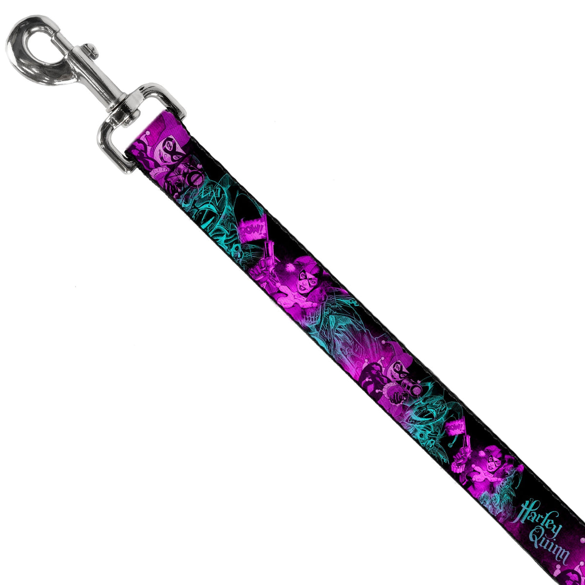 Dog Leash - HARLEY QUINN Pow & Aiming Poses/Joker Sketch Black/Turquoise/Fuchsia 