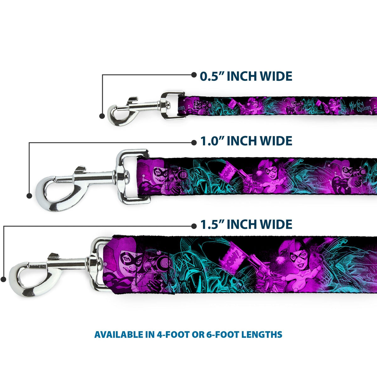 Dog Leash - HARLEY QUINN Pow & Aiming Poses/Joker Sketch Black/Turquoise/Fuchsia 