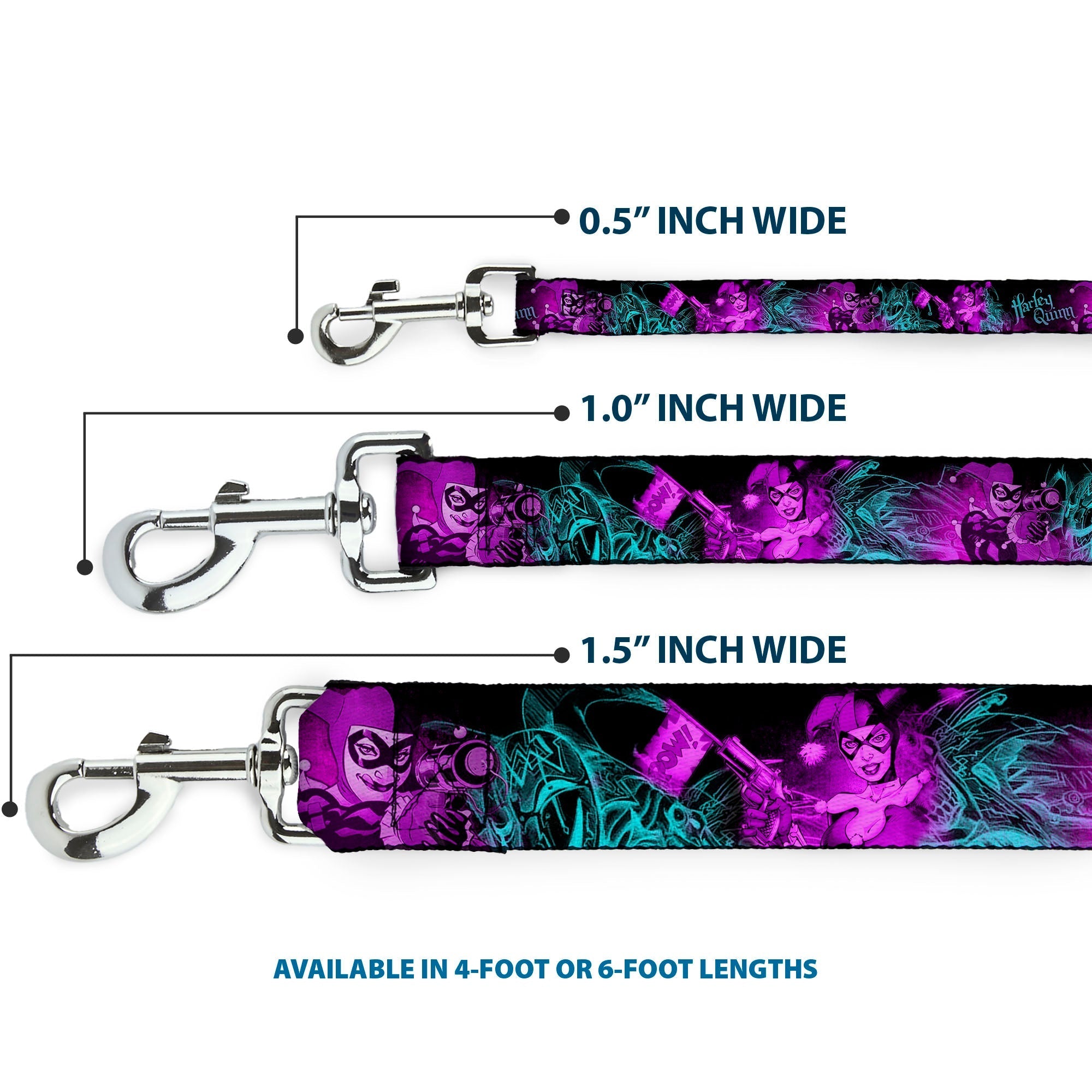 Dog Leash - HARLEY QUINN Pow & Aiming Poses/Joker Sketch Black/Turquoise/Fuchsia 
