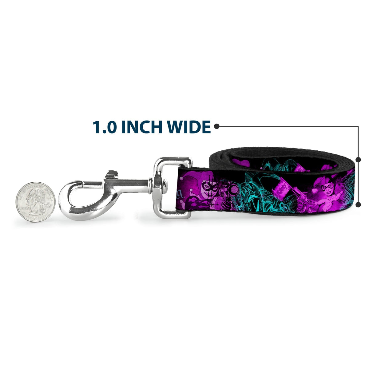 Dog Leash - HARLEY QUINN Pow & Aiming Poses/Joker Sketch Black/Turquoise/Fuchsia 