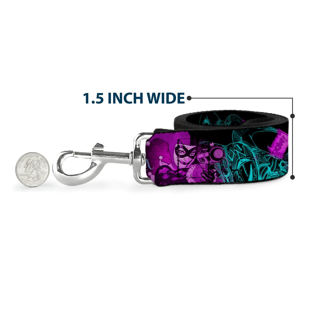 Dog Leash - HARLEY QUINN Pow & Aiming Poses/Joker Sketch Black/Turquoise/Fuchsia 