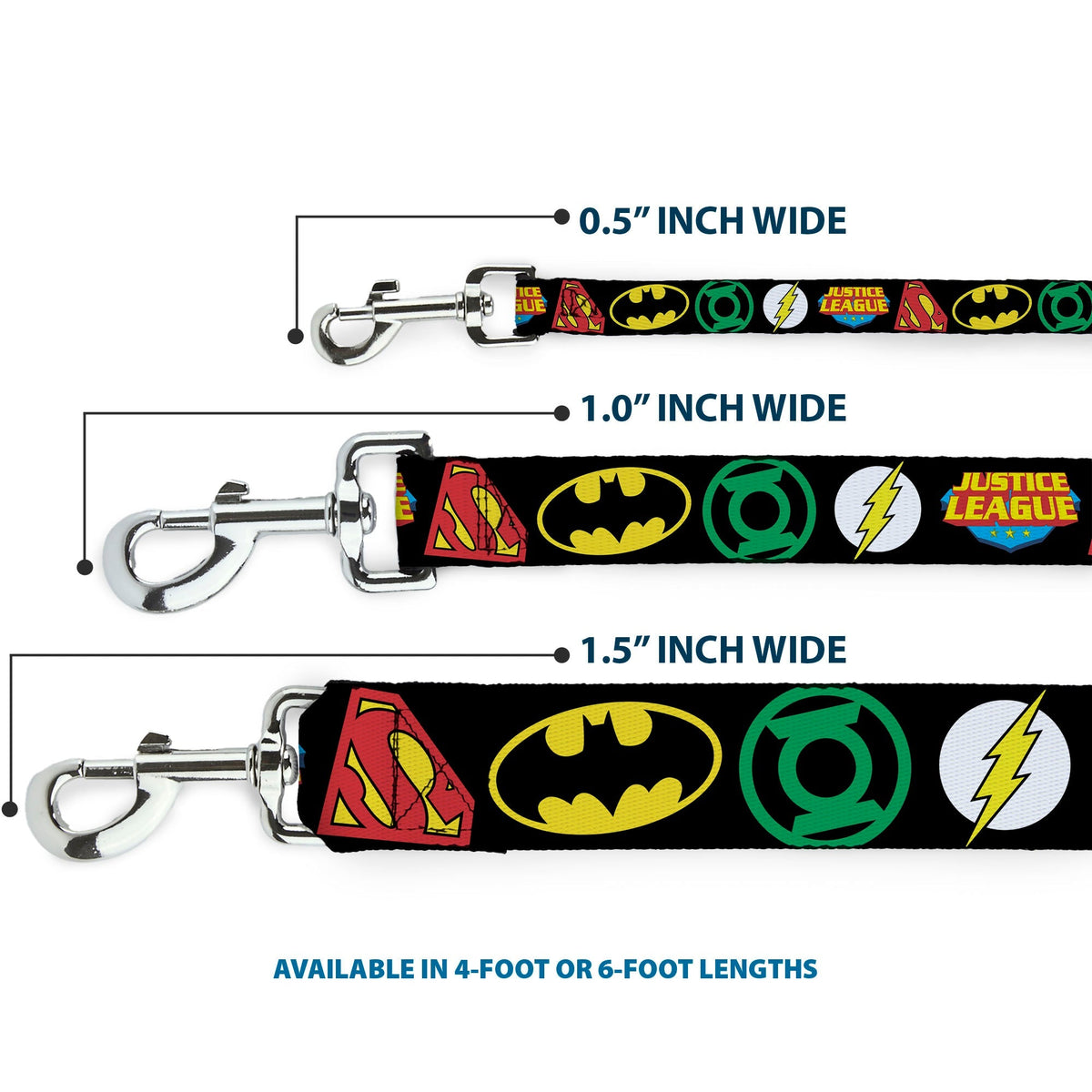 Dog Leash - Justice League Superhero Logos CLOSE-UP Black 