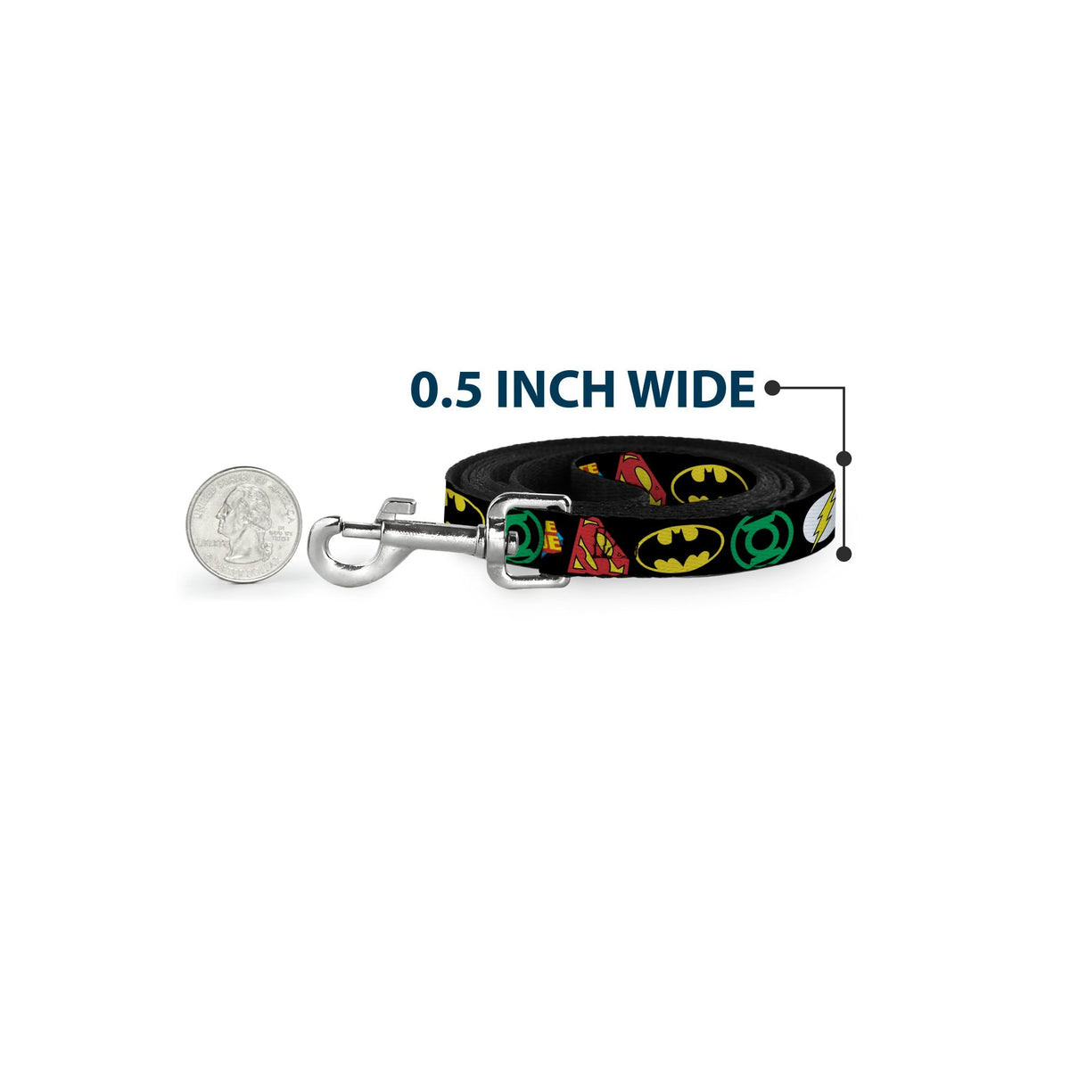 Dog Leash - Justice League Superhero Logos CLOSE-UP Black 
