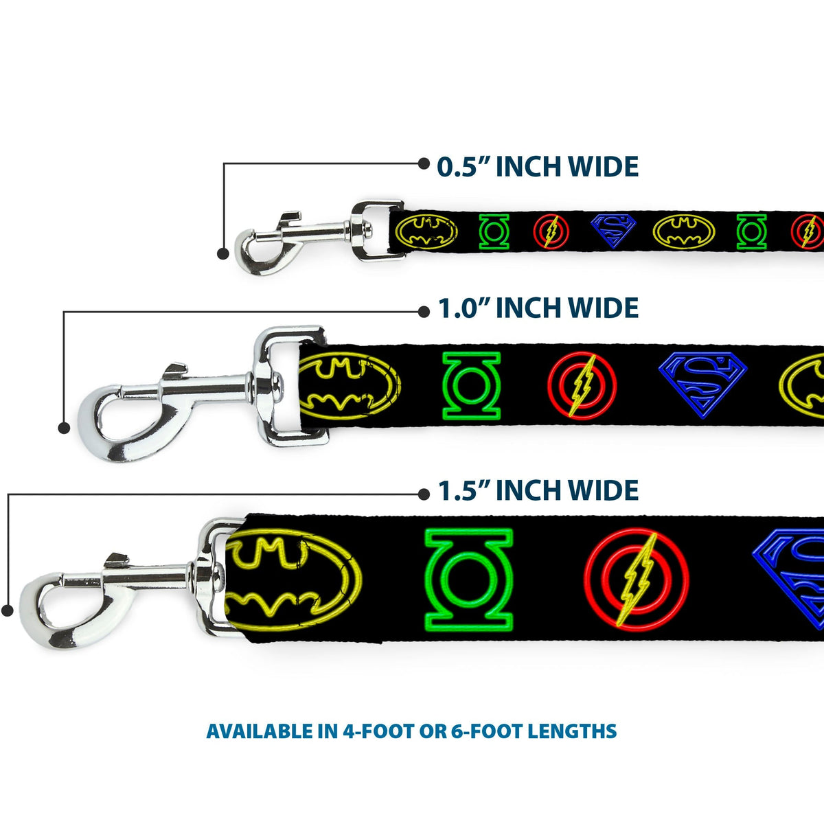 Dog Leash - Justice League Electric Logos Black/Multi Neon 