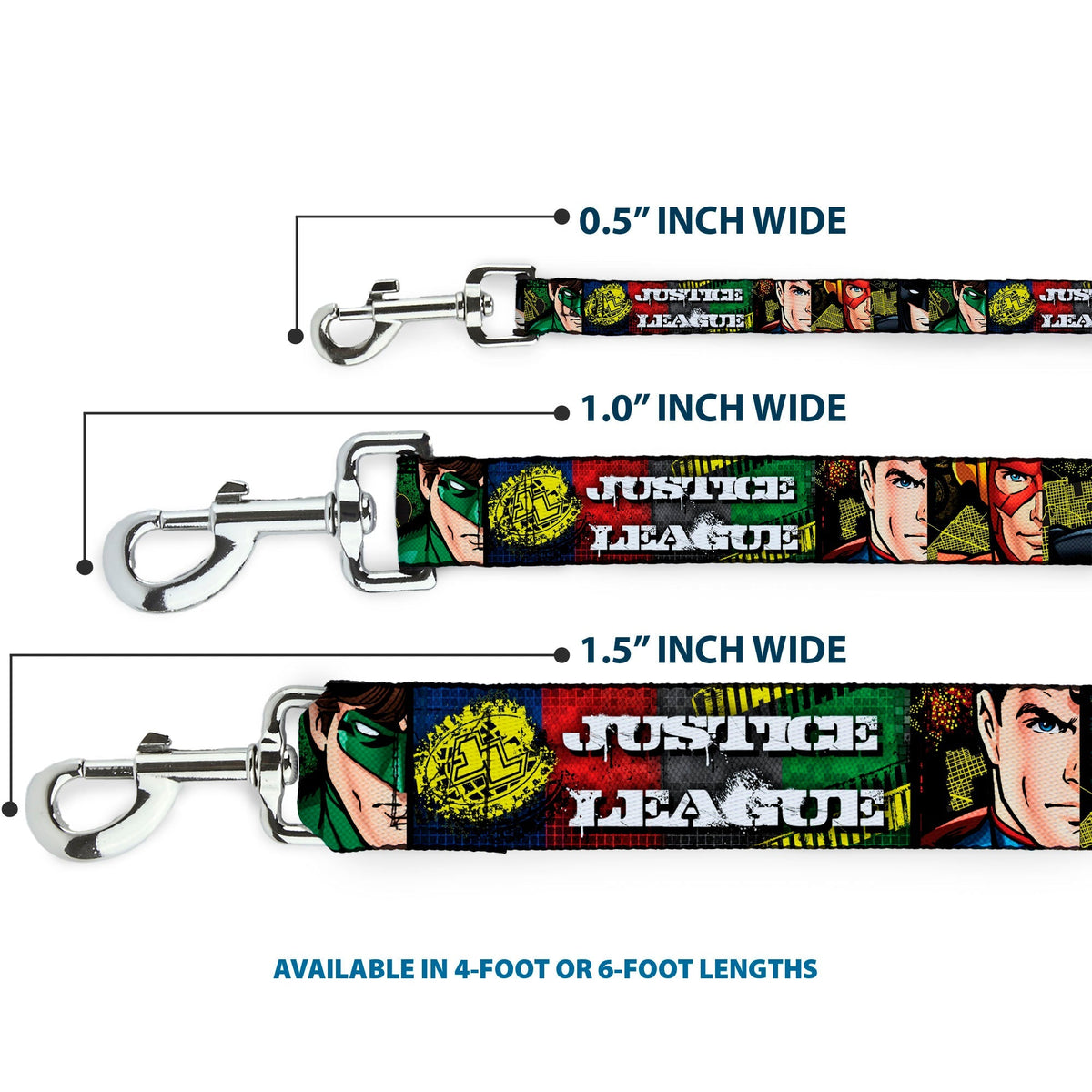 Dog Leash - JUSTICE LEAGUE Logo/4-Superhero Panels Pop Art 