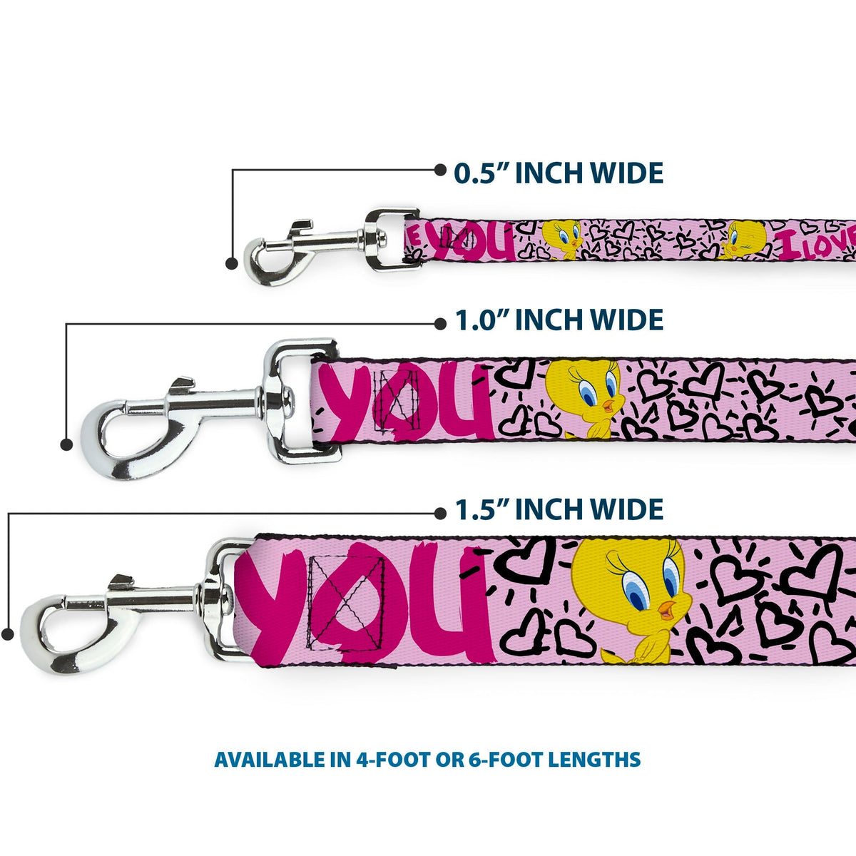 Dog Leash - Tweety Bird I LOVE YOU Pink/Black 