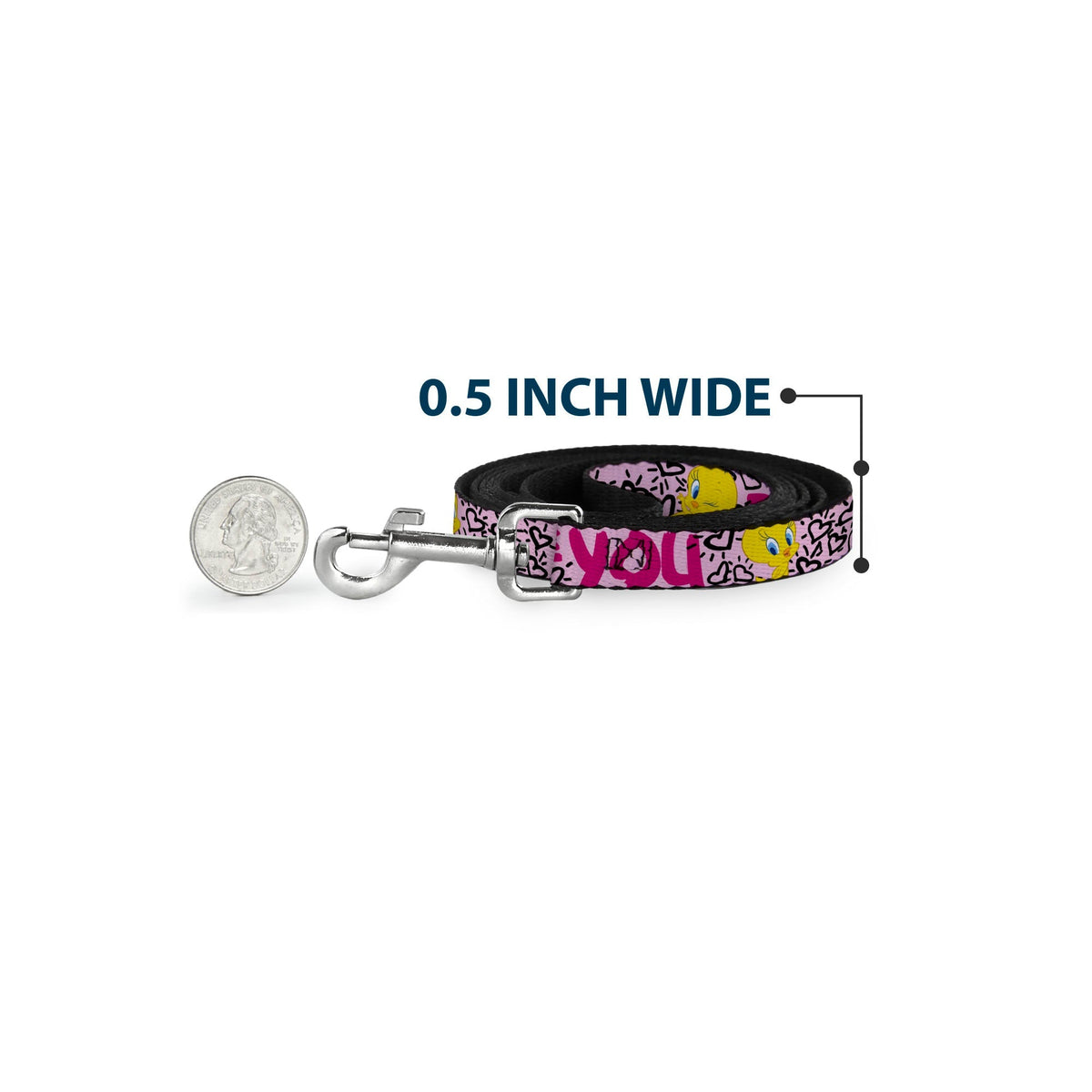 Dog Leash - Tweety Bird I LOVE YOU Pink/Black 