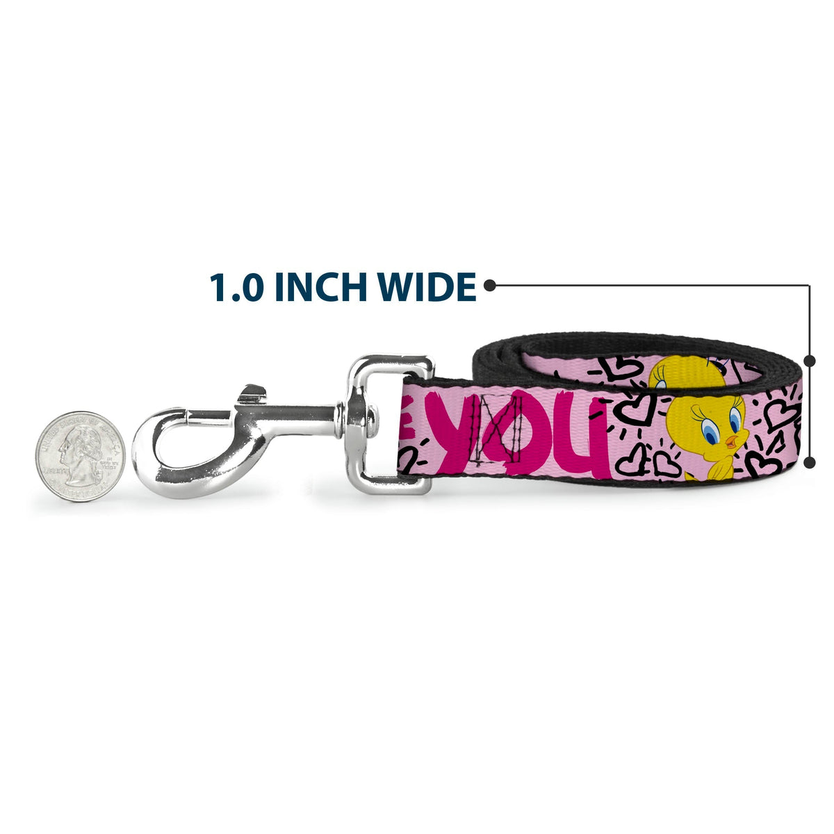 Dog Leash - Tweety Bird I LOVE YOU Pink/Black 