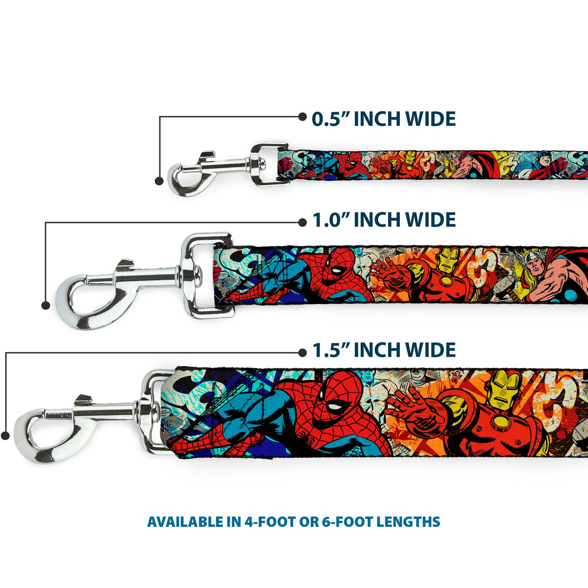 Dog Leash - 4-Superhero Action Poses/Comic Scenes White/Black/Full Color Splatter 