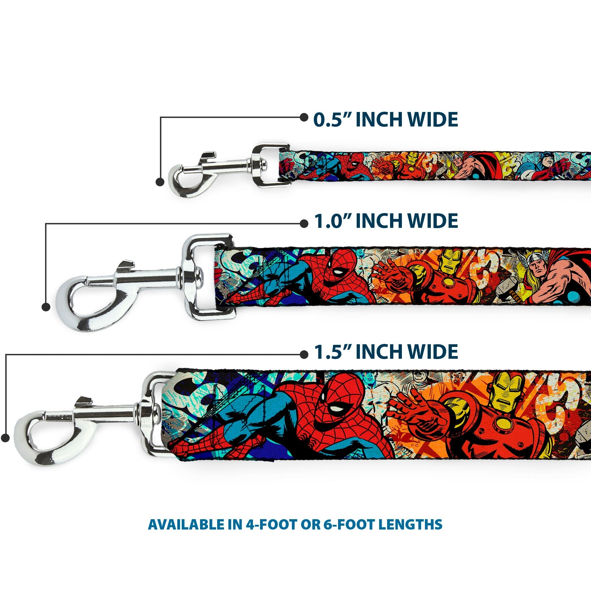 Dog Leash - 4-Superhero Action Poses/Comic Scenes White/Black/Full Color Splatter 