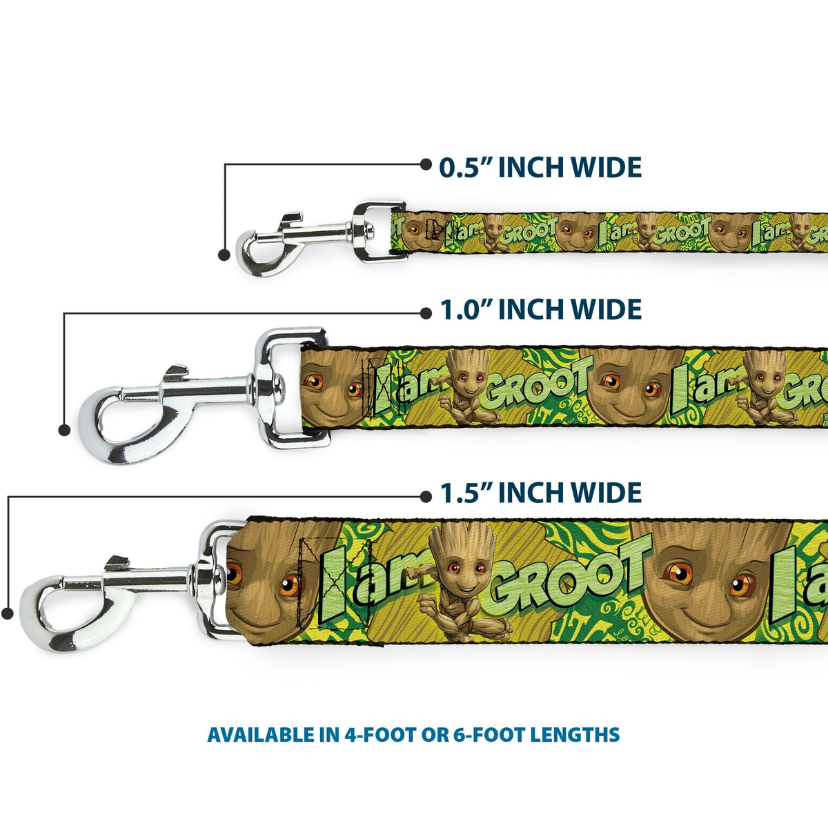 Dog Leash - Baby Groot Pose/Face I AM GROOT Browns/Greens/Yellows 