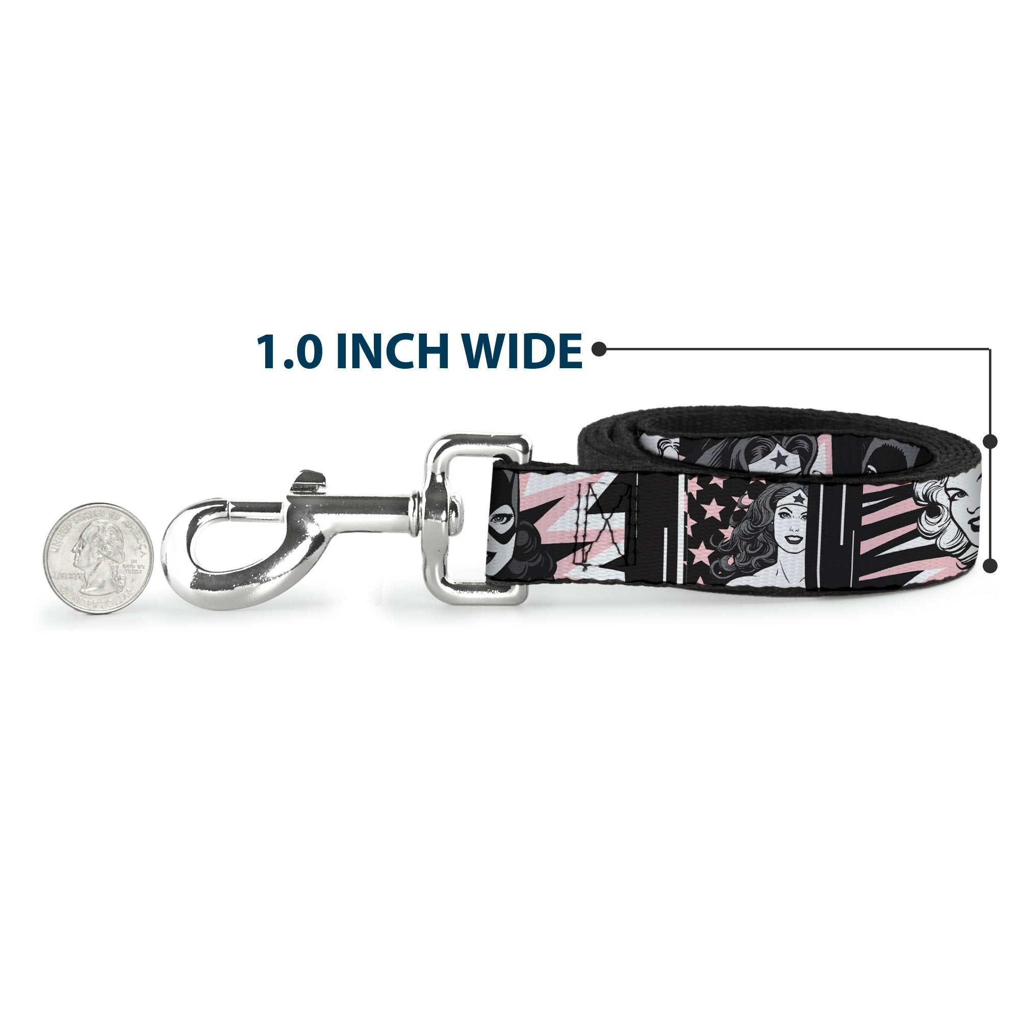 Dog Leash - Batgirl/Wonder Woman/Supergirl Retro Panels Black/Pink/White