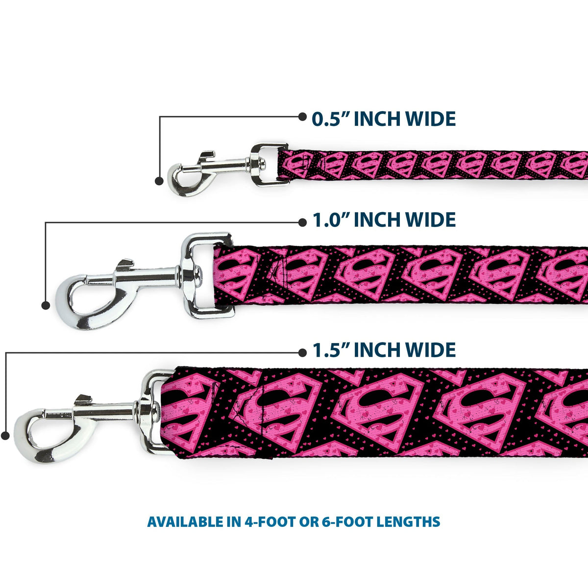 Dog Leash - Diagonal Superman Logo w/Hearts Black/Pink 