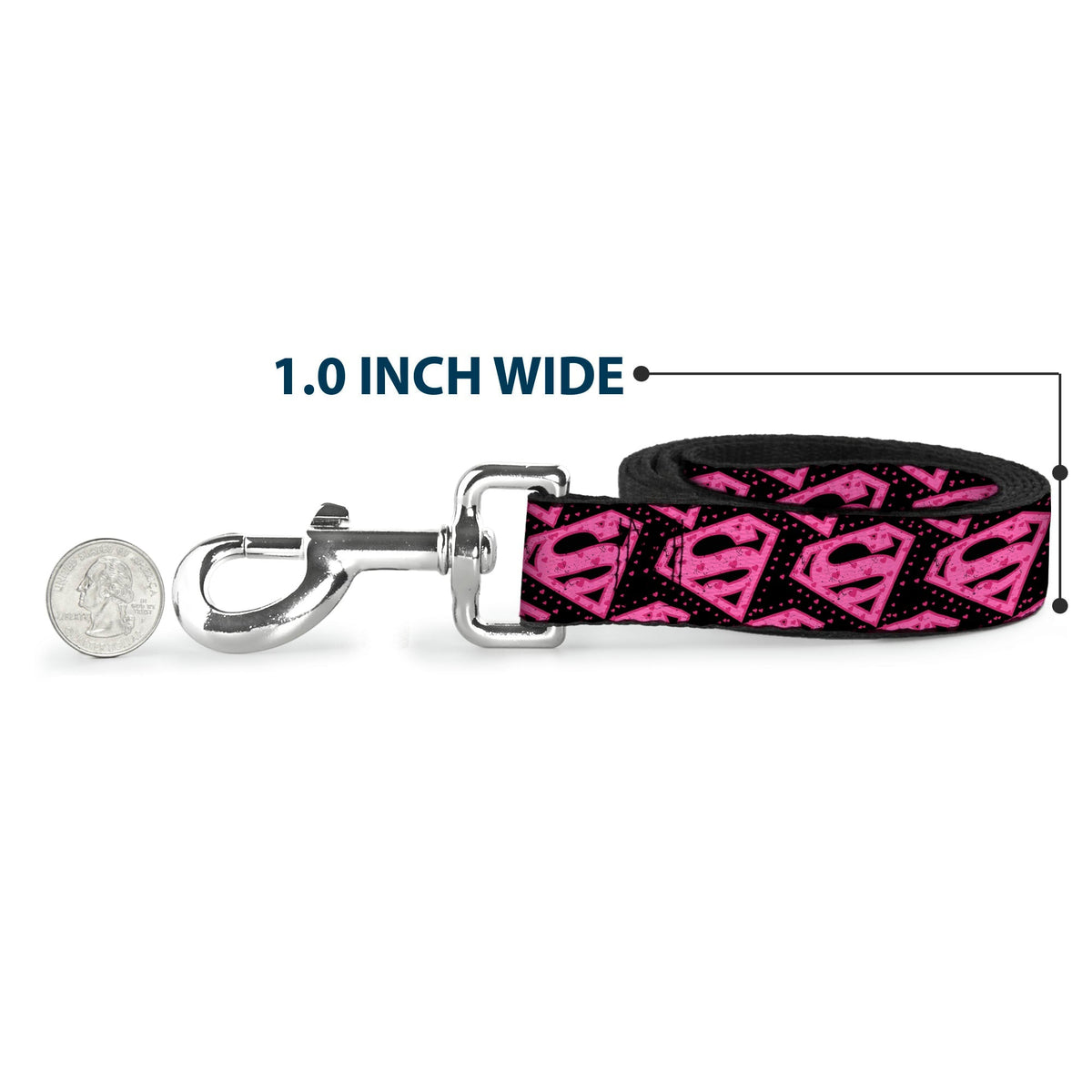 Dog Leash - Diagonal Superman Logo w/Hearts Black/Pink 