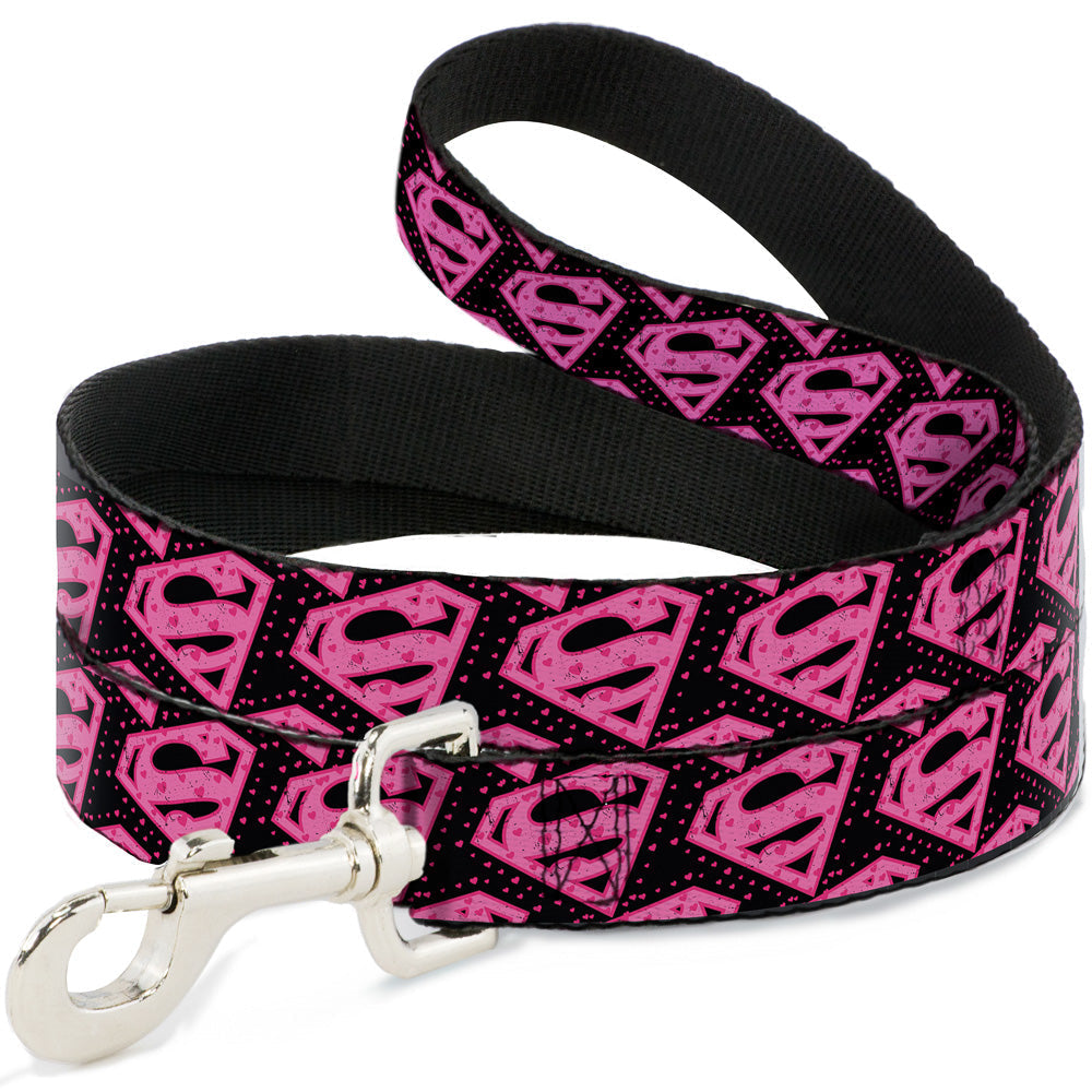 Dog Leash - Diagonal Superman Logo w/Hearts Black/Pink 