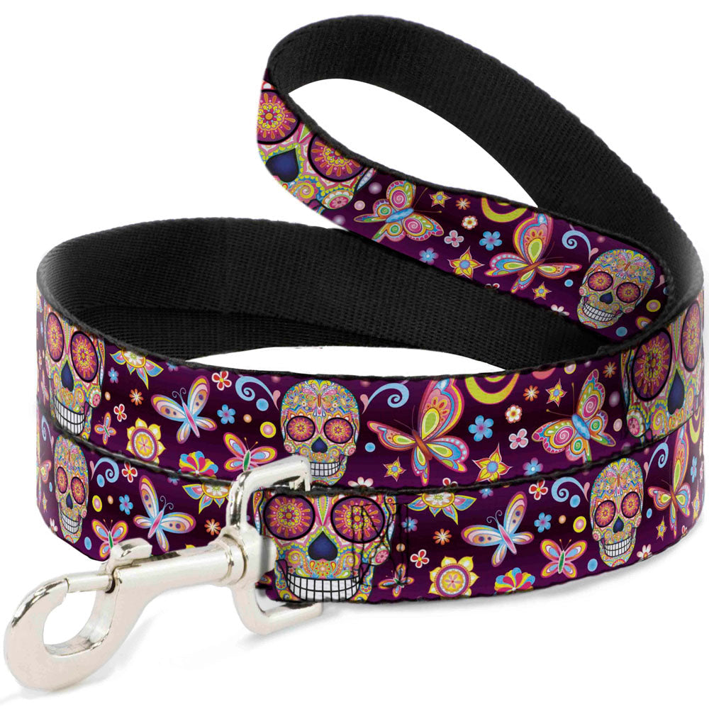 Dog Leash - Mariposa Calaveras/Butterflies/Flowers Burgundy/Multi Color - HT Animal Supply